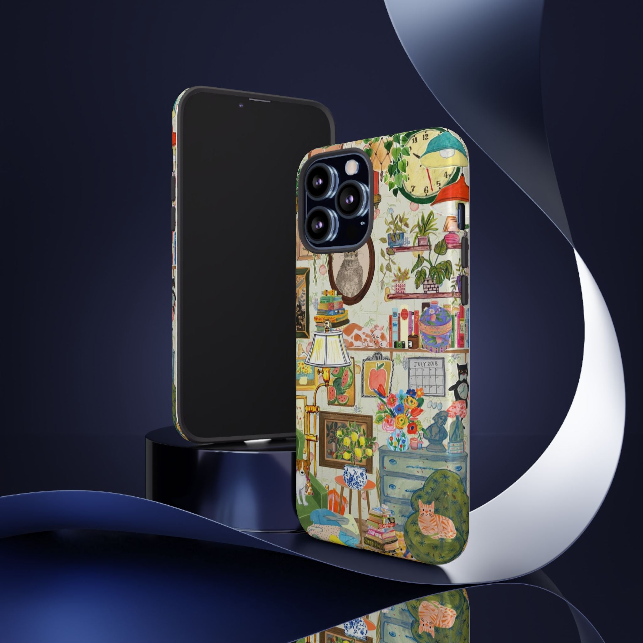Printify cute cat framed iPhone 17 case featuring a cozy living room pet portrait design with stylish, colorful artwork.