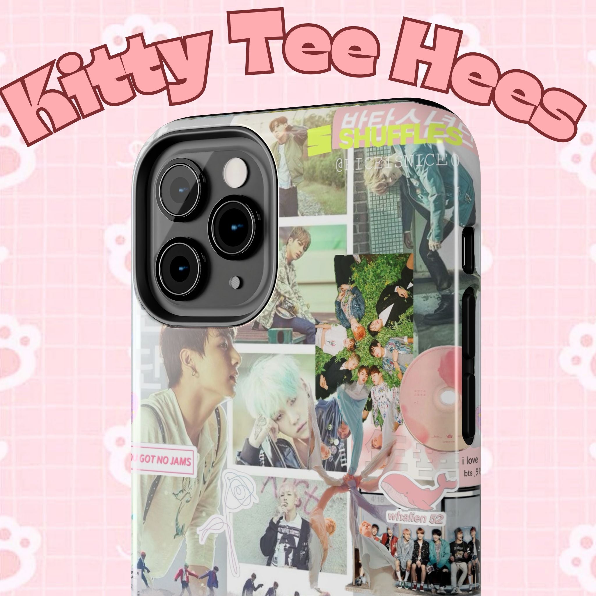 Printify BTS collage phone case for iPhone and Samsung featuring pastel hot air balloon and K-Pop photo collage design.