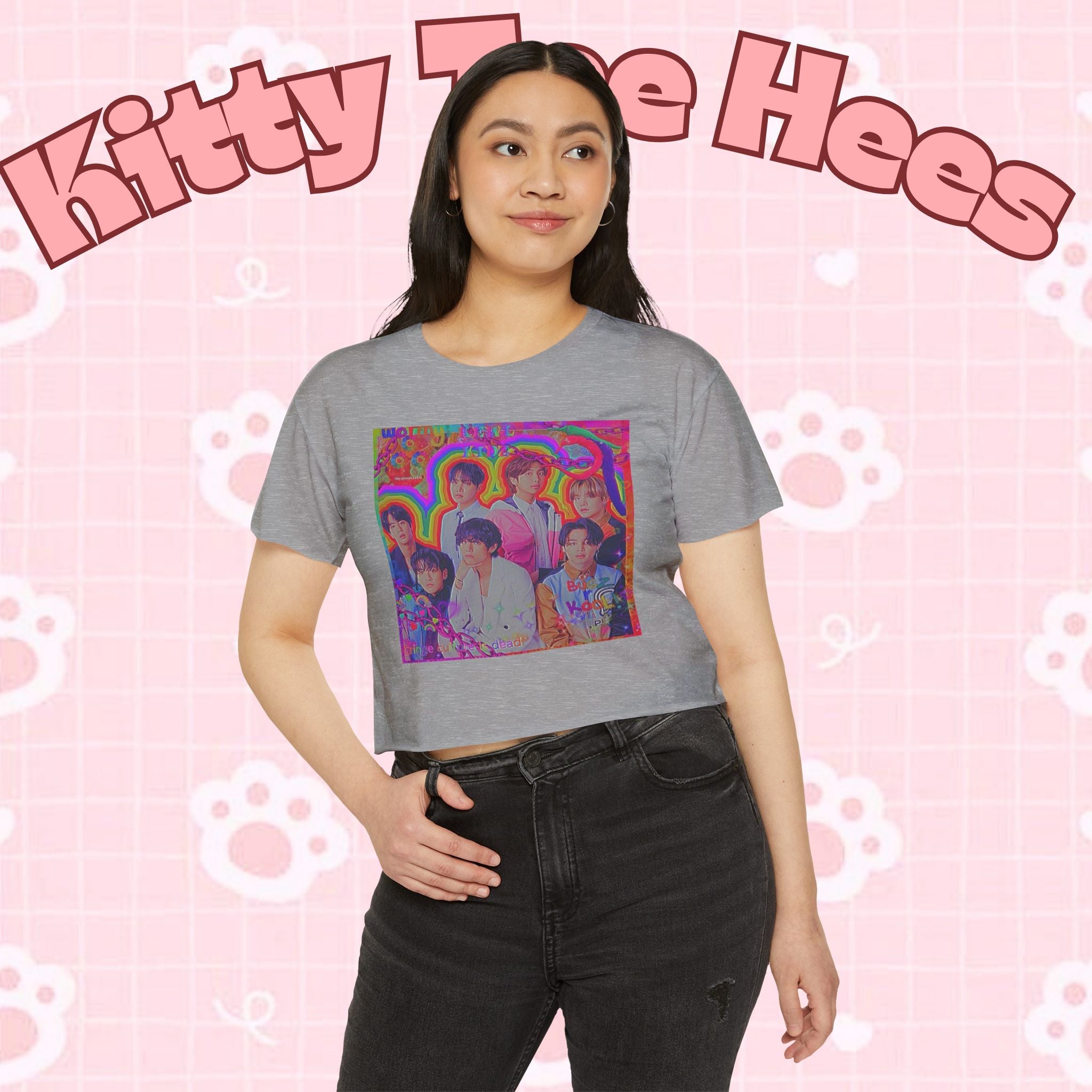 Colorful BTS kidcore T-shirt featuring a Bangtan Boys K-Pop group photo, women's festival crop top, Printify brand.