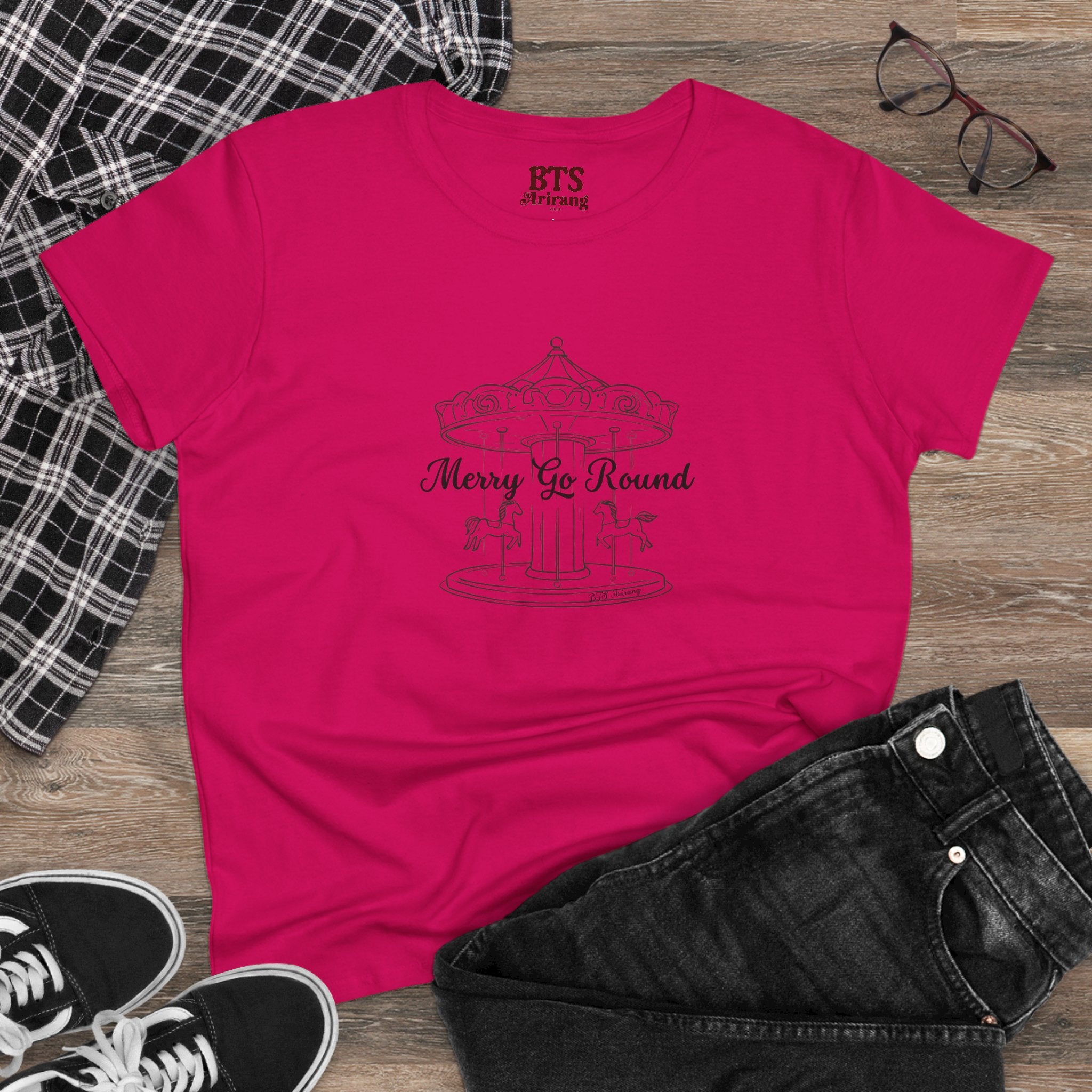 Merry Go Round BTS Arirang 2026 album carousel sketch T-shirt with lyric script back print, casual Korean pop band merchandise