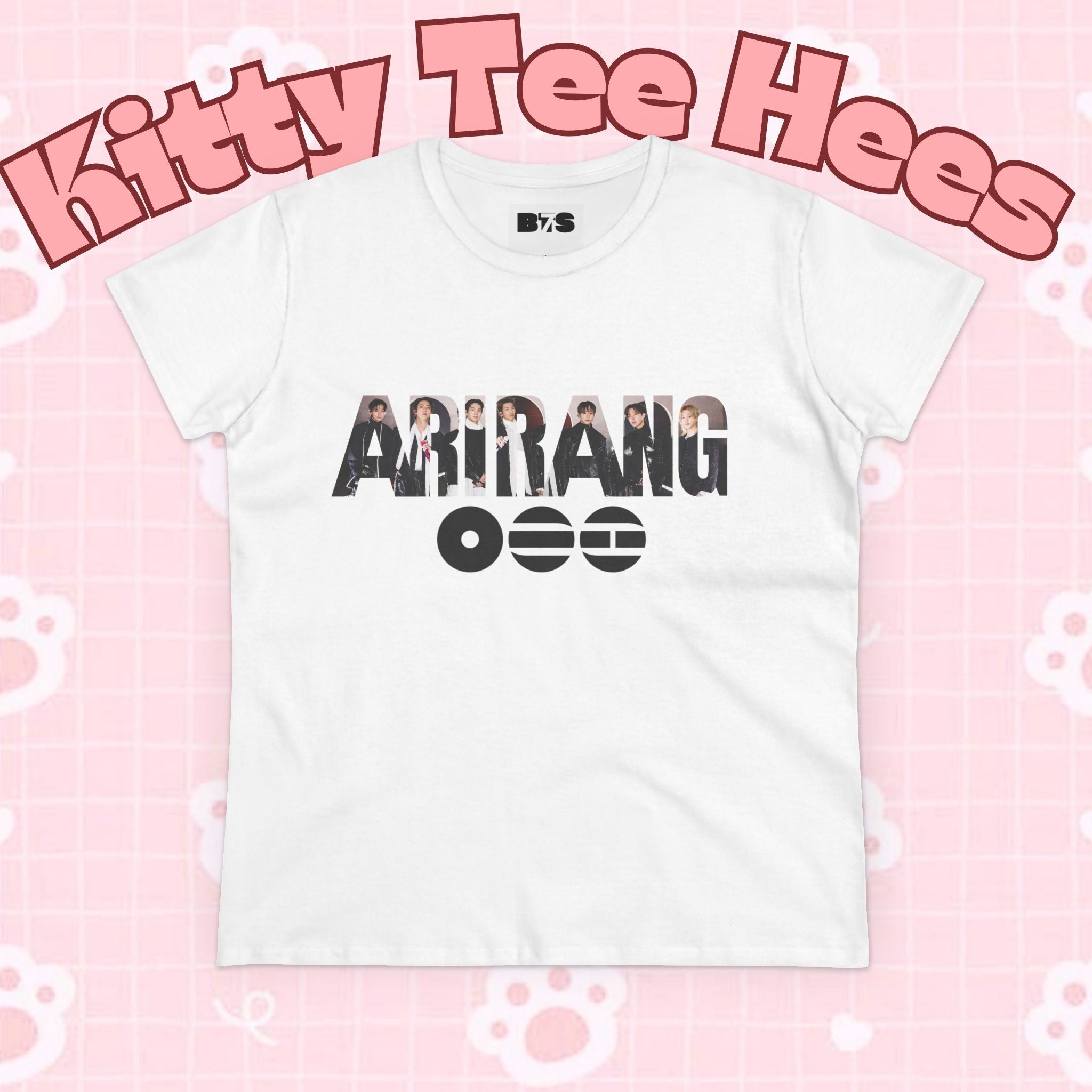 Printify BTS ARIRANG graphic T-shirt featuring BTS logo and member names, casual unisex tee with colorful design.