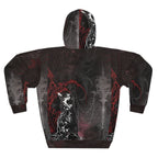 Gothic cat art unisex pullover hoodie with all-over print, featuring unique alternative streetwear design and cozy fabric.