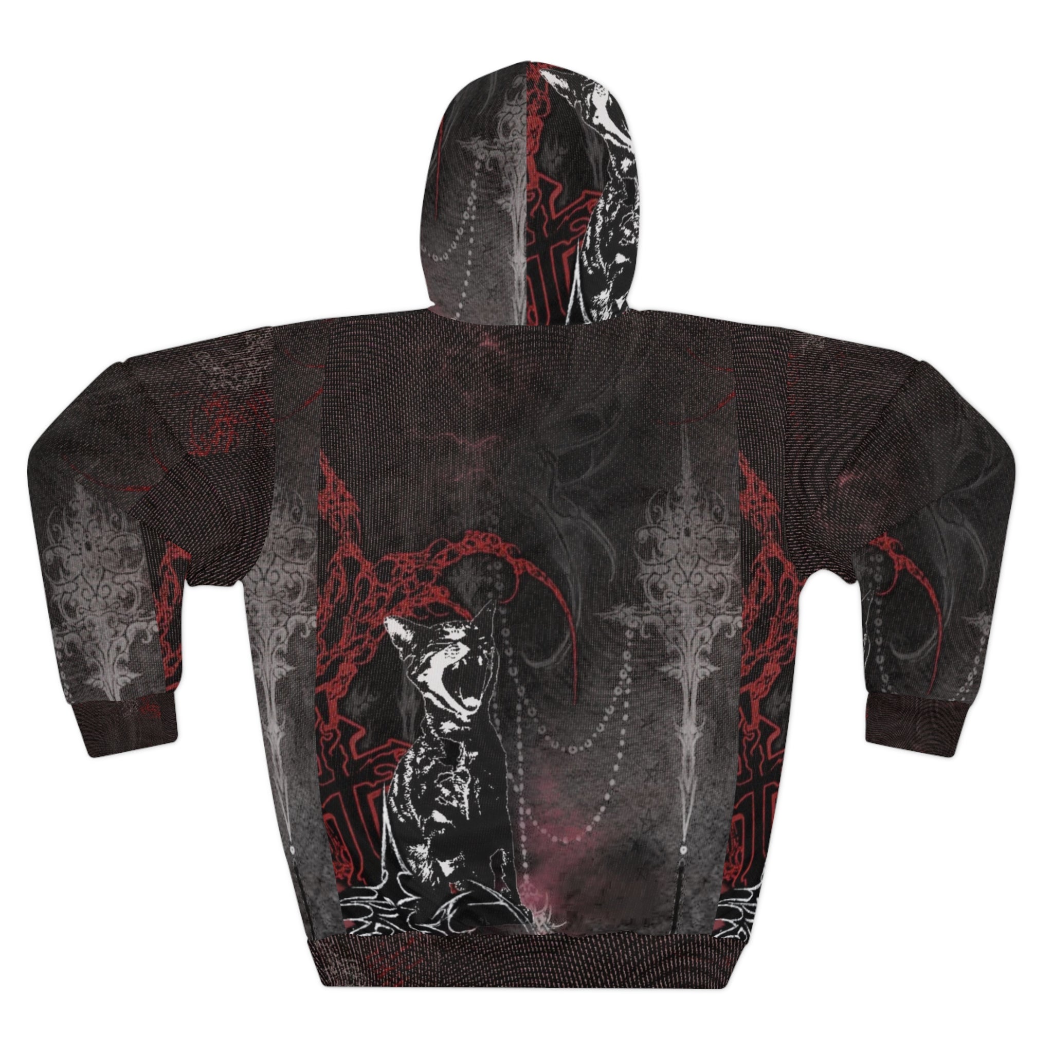 Gothic cat art unisex pullover hoodie with all-over print, featuring unique alternative streetwear design and cozy fabric.