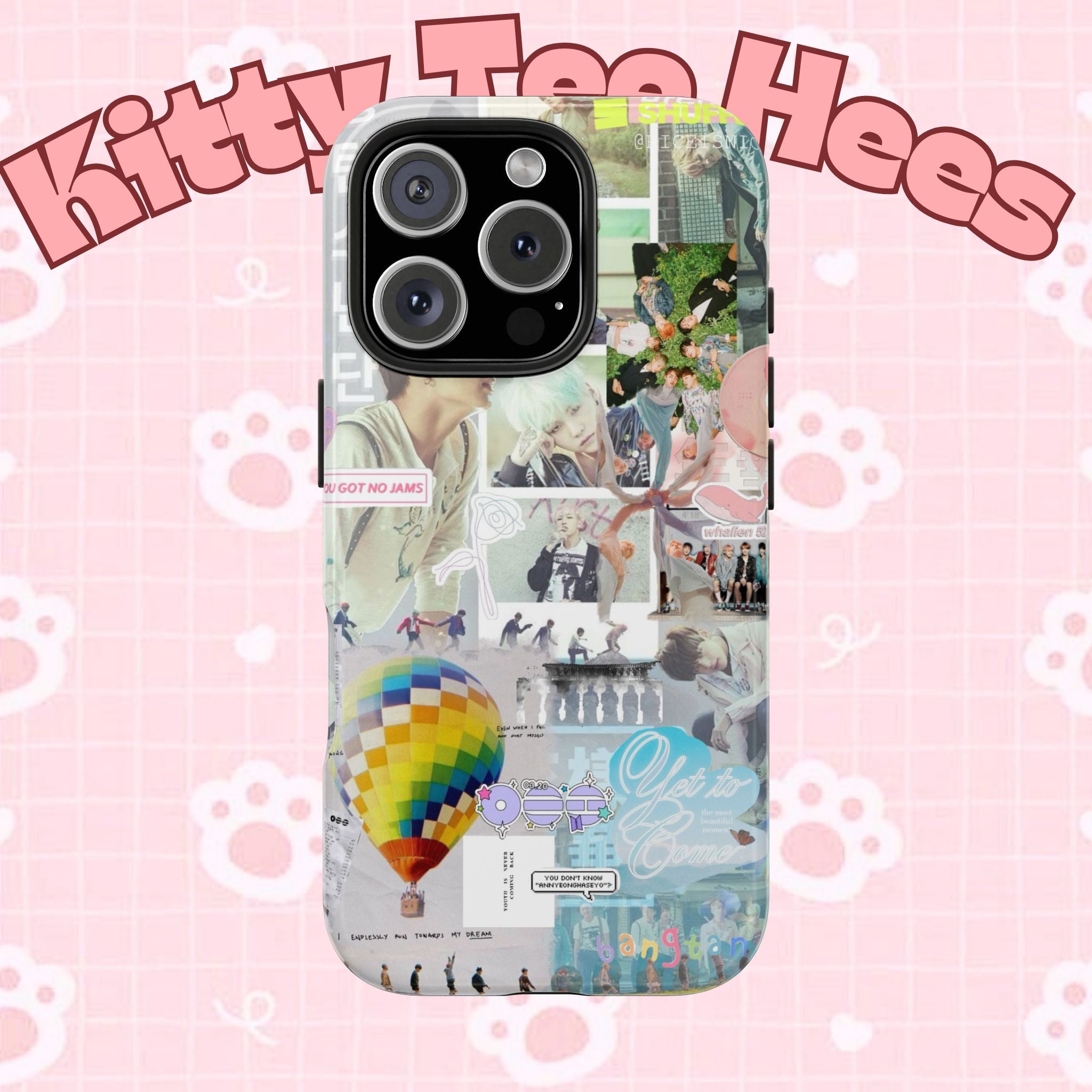 K-Pop BTS collage phone case for iPhone and Samsung with pastel hot air balloon design, tough protective cover by Printify