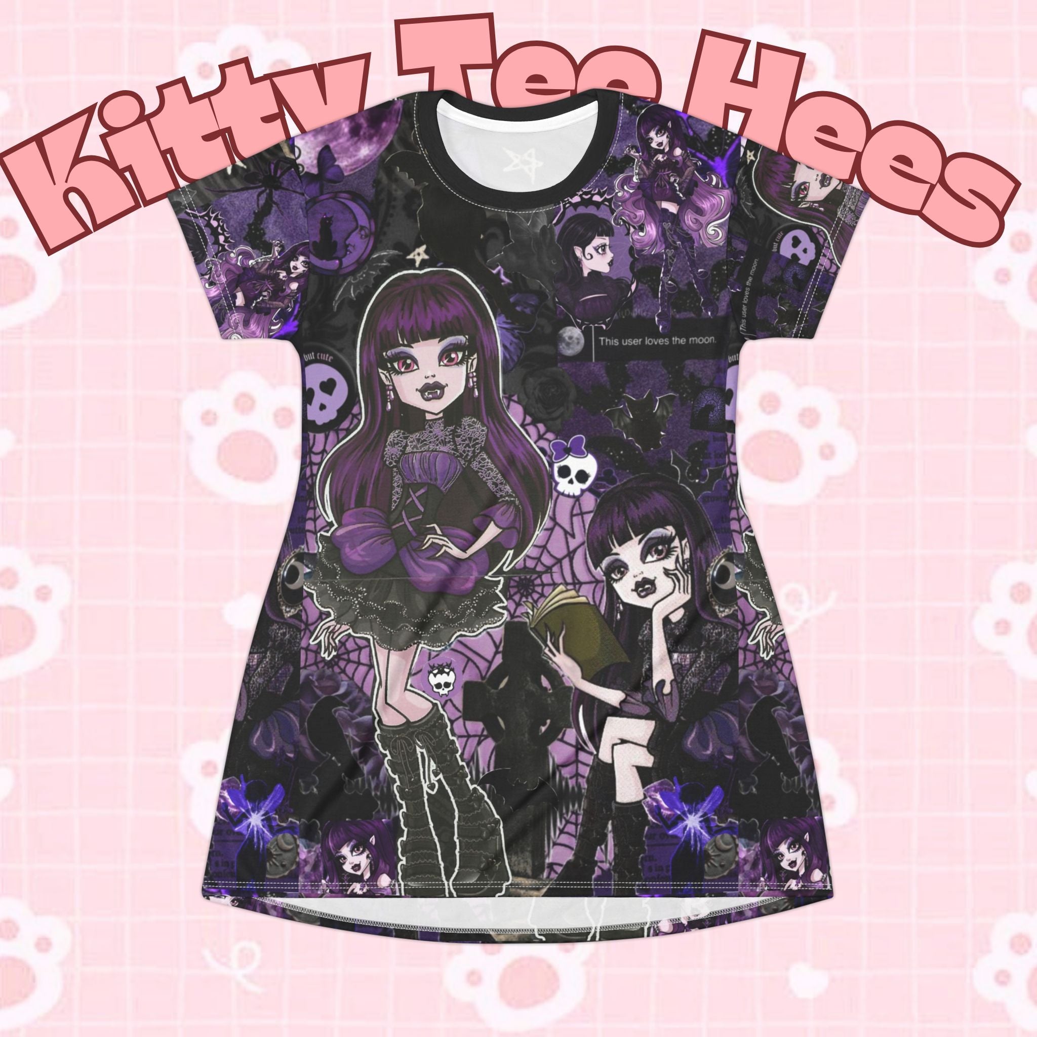 Gothic purple anime girl T-shirt dress with all-over print, featuring detailed anime artwork on casual dress from Printify.