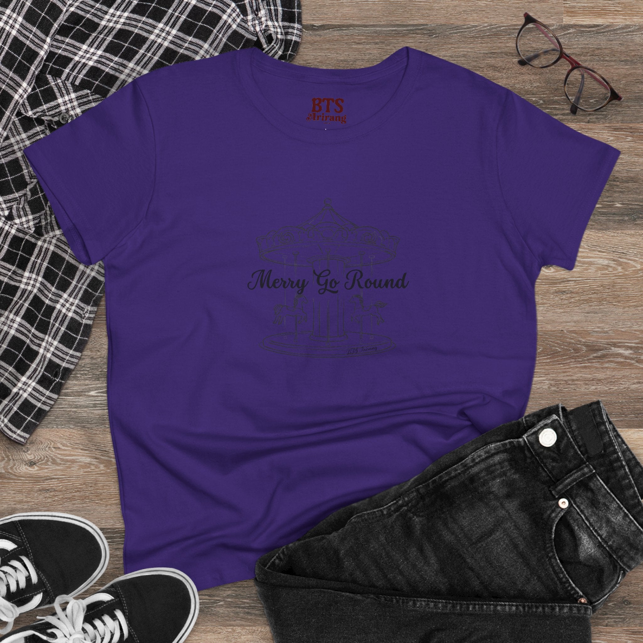 Printify Merry Go Round BTS Arirang 2026 album T-Shirt with carousel sketch and lyric script back print, casual and stylish design.