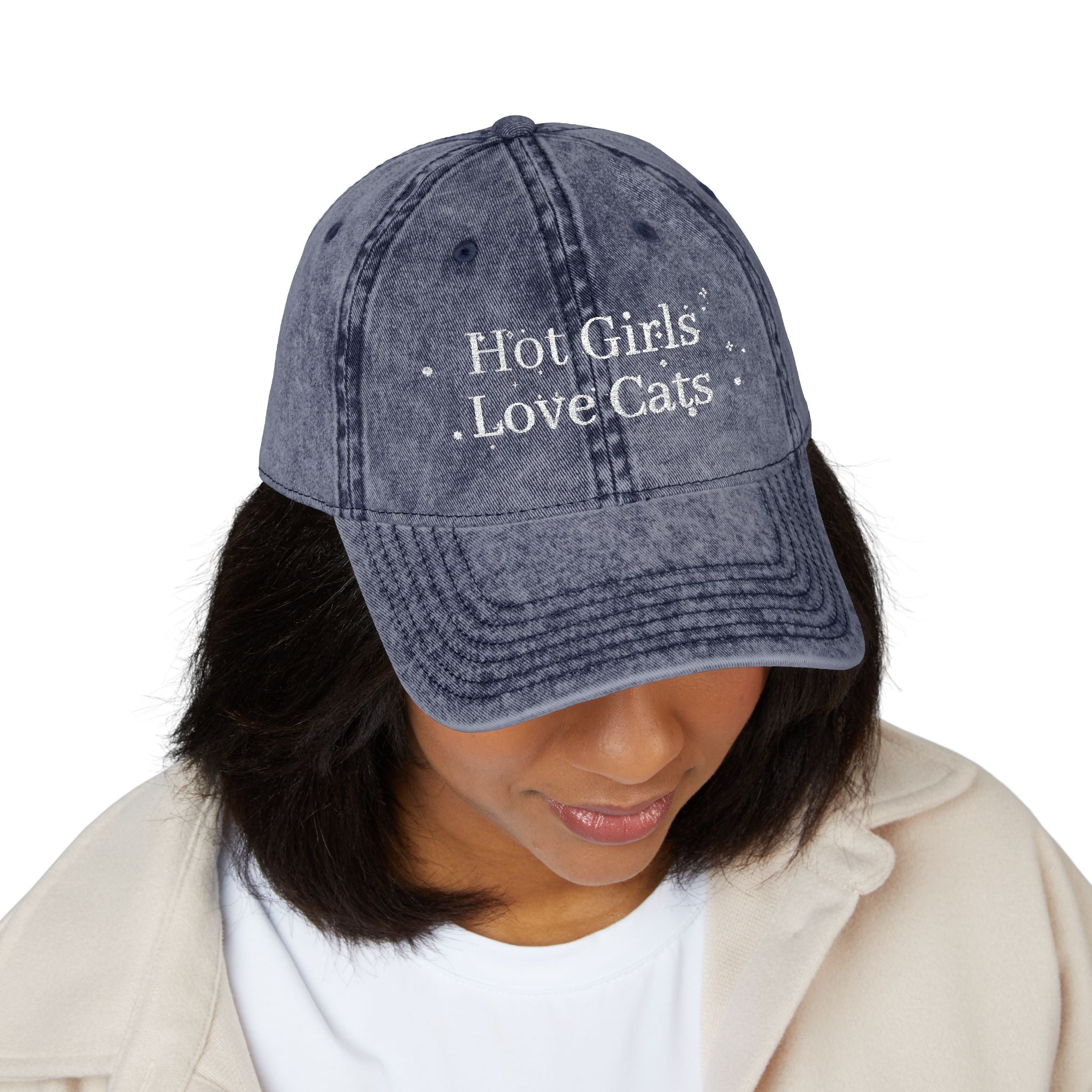 Vintage style embroidered hat featuring "Hot Girls Love Cats" design, casual wear accessory, ideal for birthdays or everyday fashion.