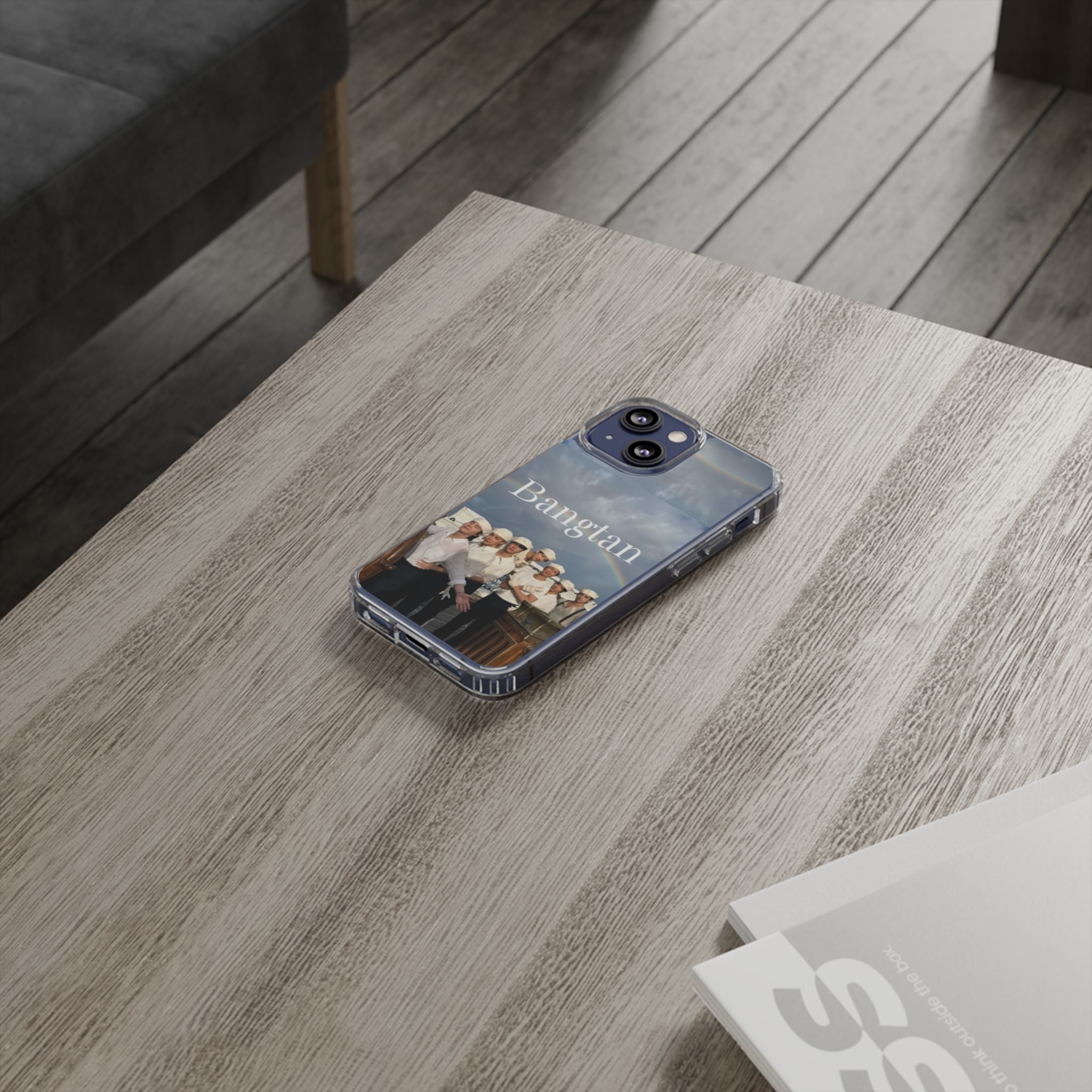 Clear impact-resistant phone case featuring Bangtan K-pop design, compatible with smartphones, by Printify.