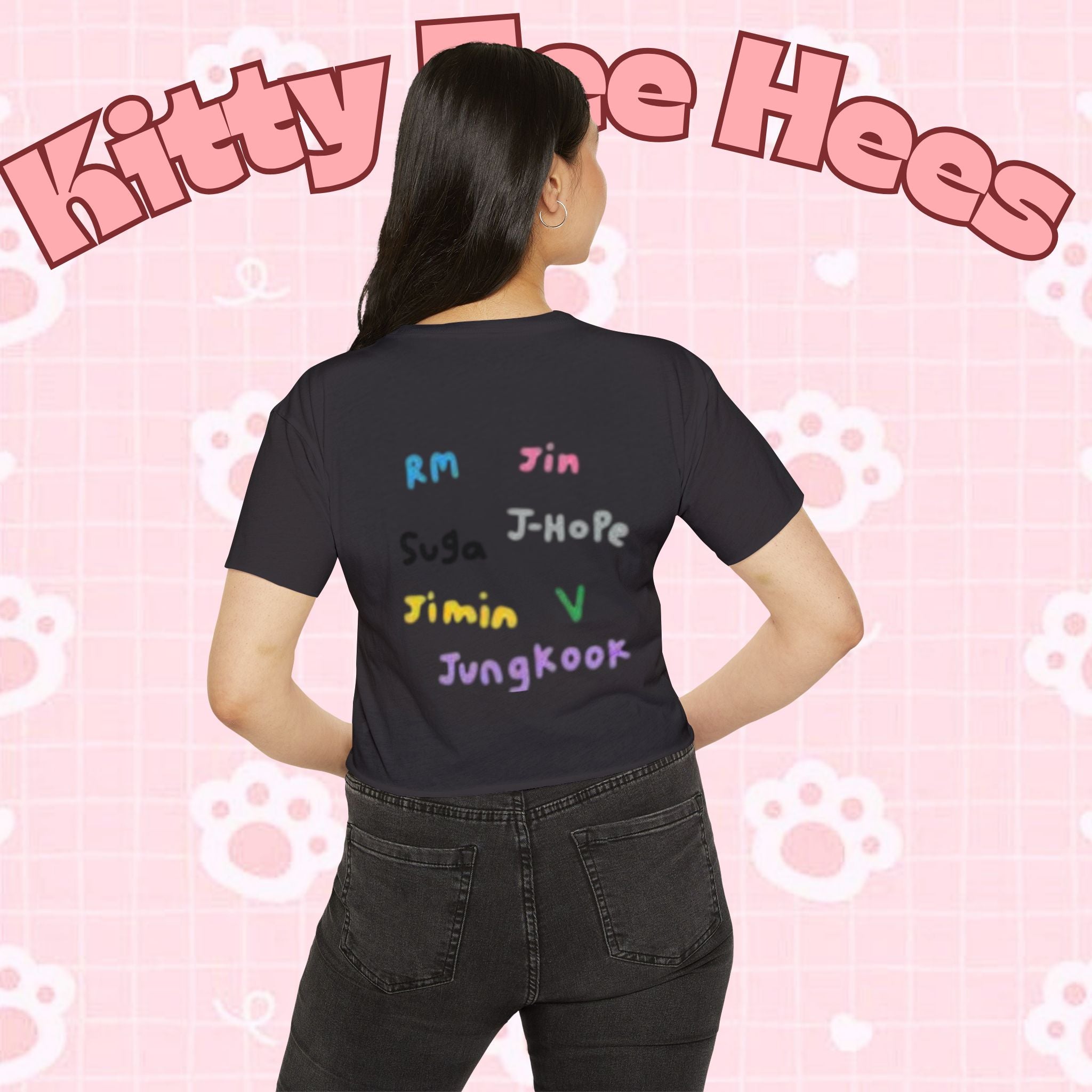 Colorful BTS kidcore T-shirt featuring Bangtan Boys group photo, women's crop top perfect for festival or casual wear.