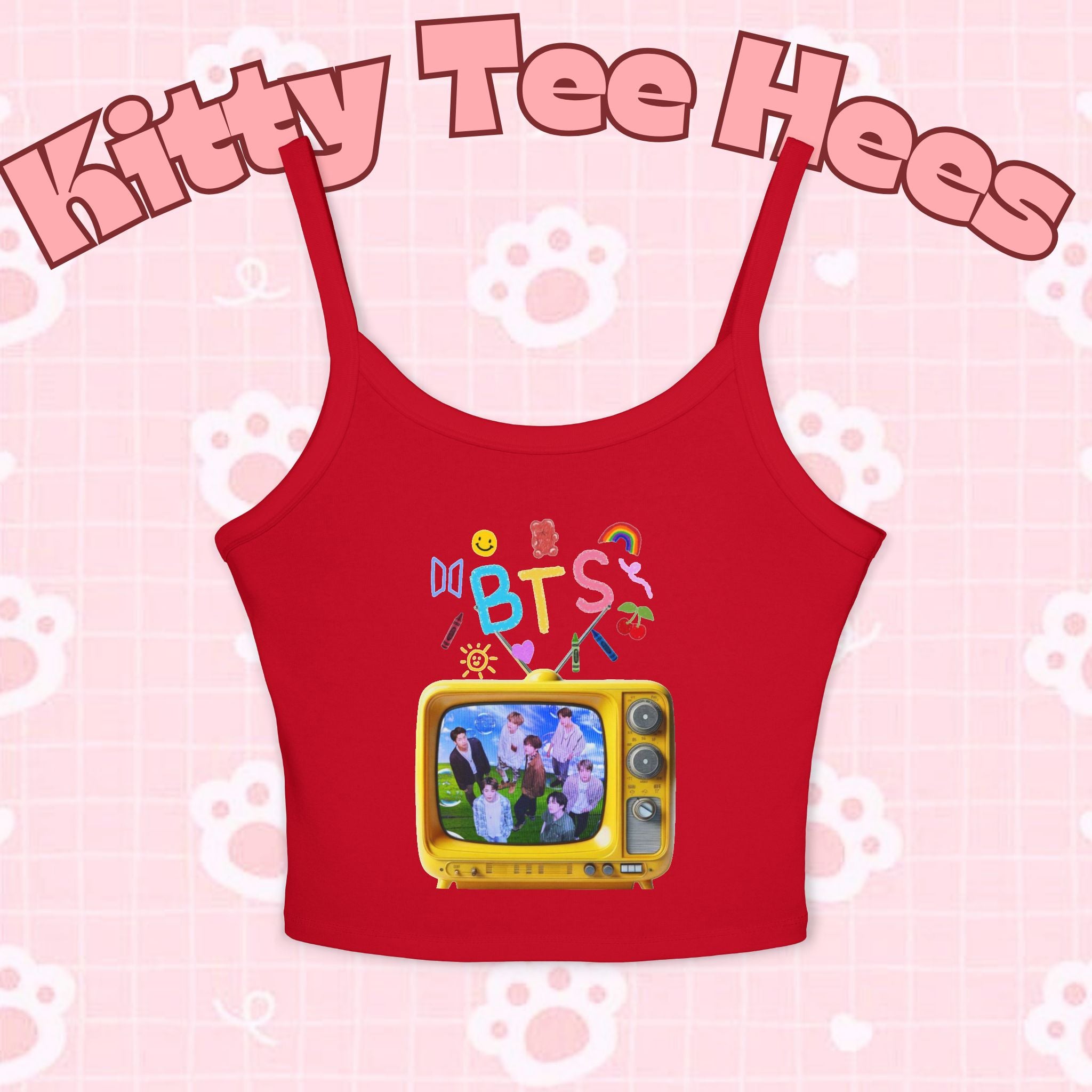 Cute BTS tank top for kids featuring a retro television K-pop graphic, perfect for Bangtan Boys fans.