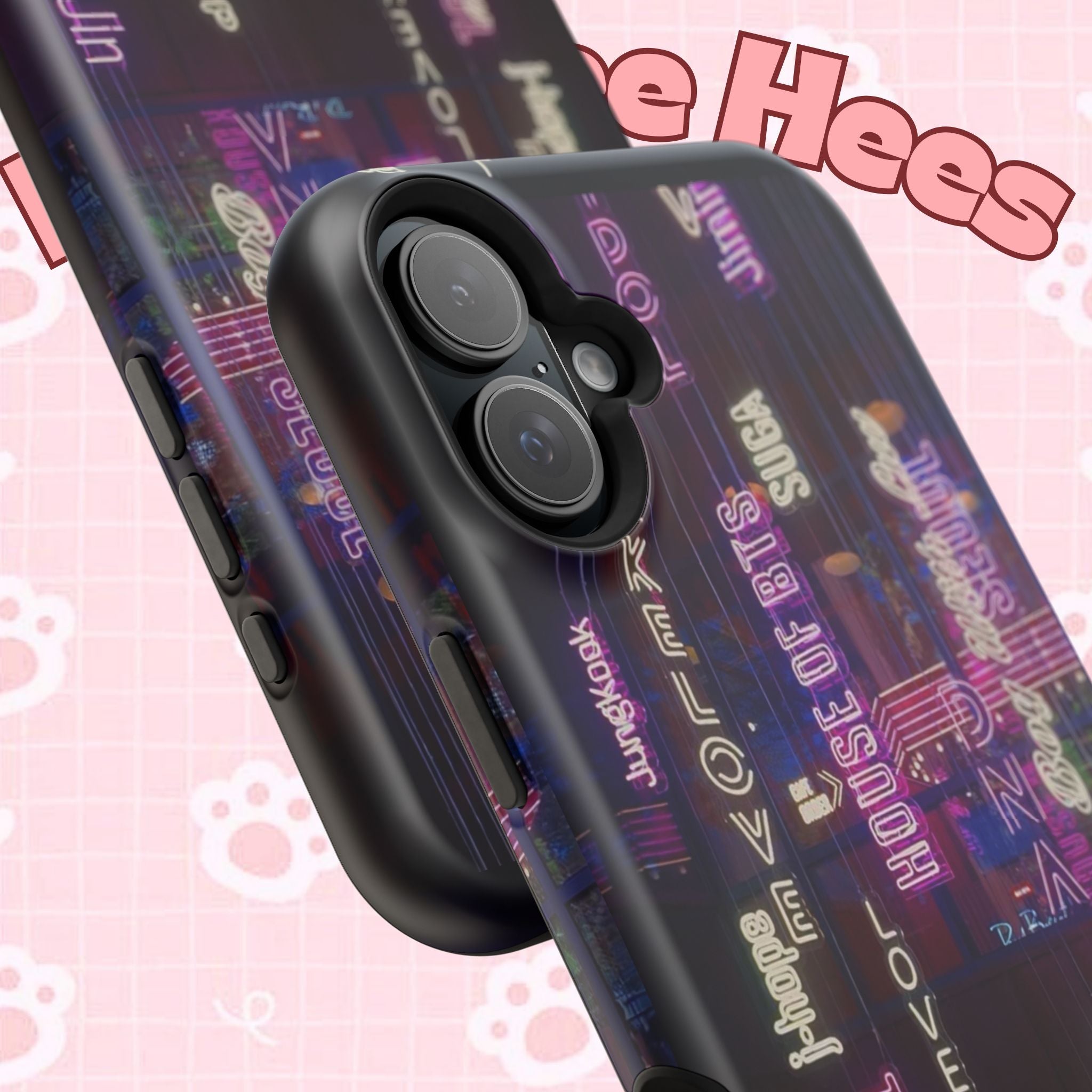 Neon Korean script phone case for iPhone and Samsung, impact-resistant BTS phone case with bold design by Printify.