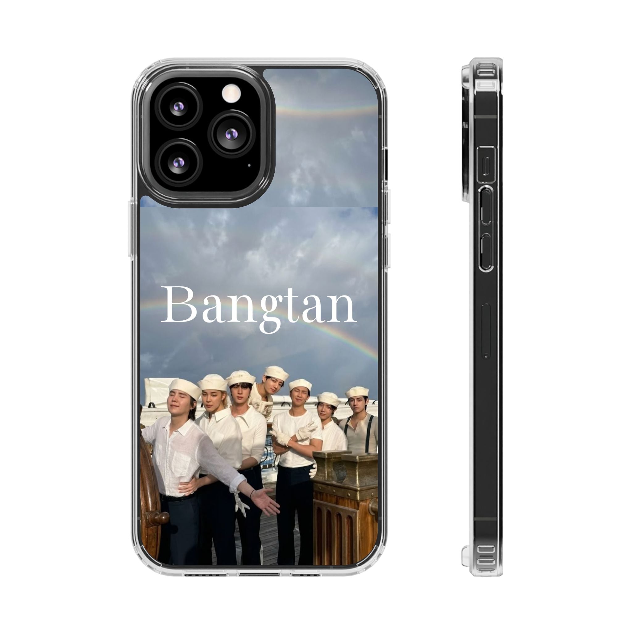 Cute Bangtan K-pop phone case by Printify, clear impact-resistant case designed for smartphones with colorful Bangtan logo and images.
