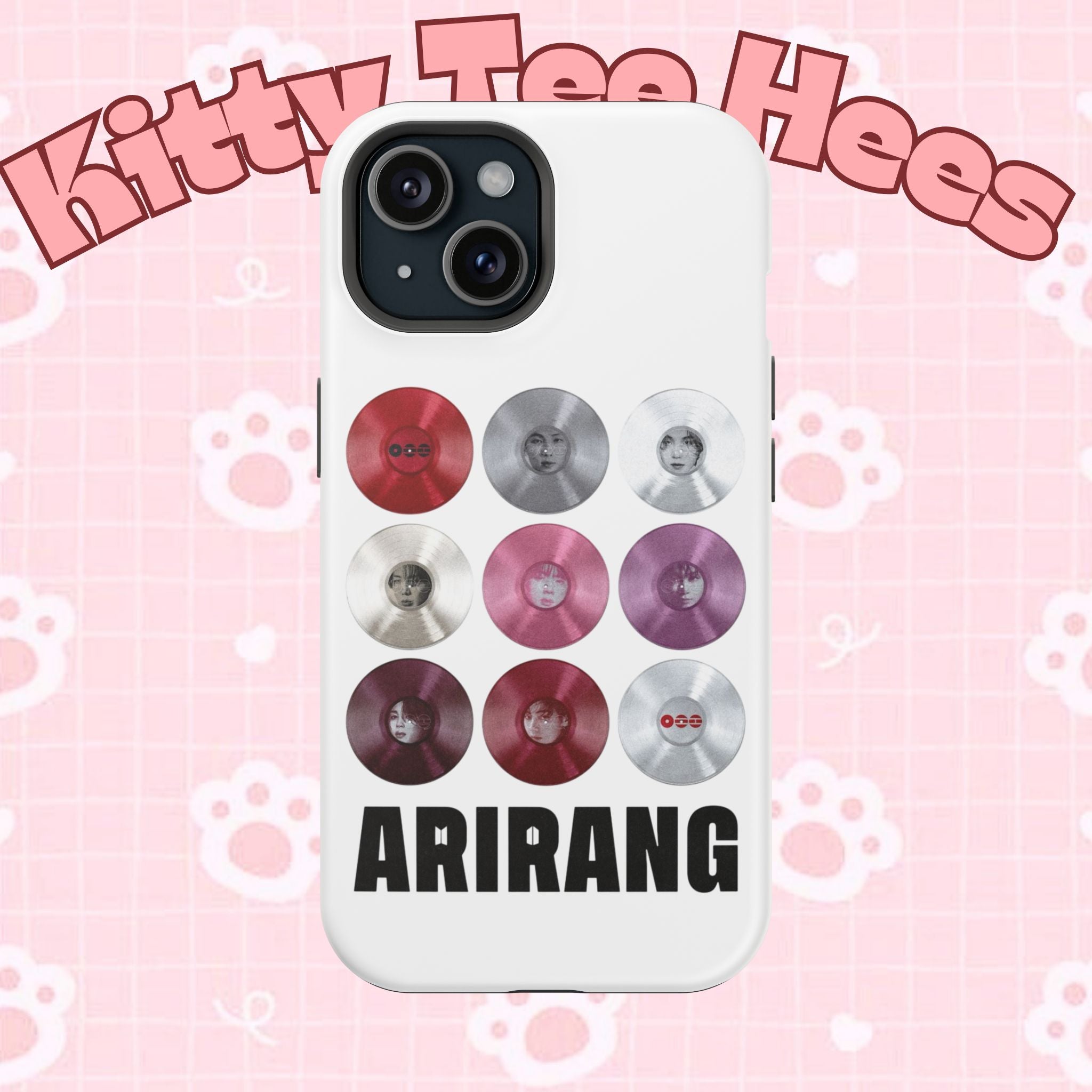 Impact-resistant Printify BTS Bangtan Arirang vinyl record grid phone case with cool BTS fan merch design.