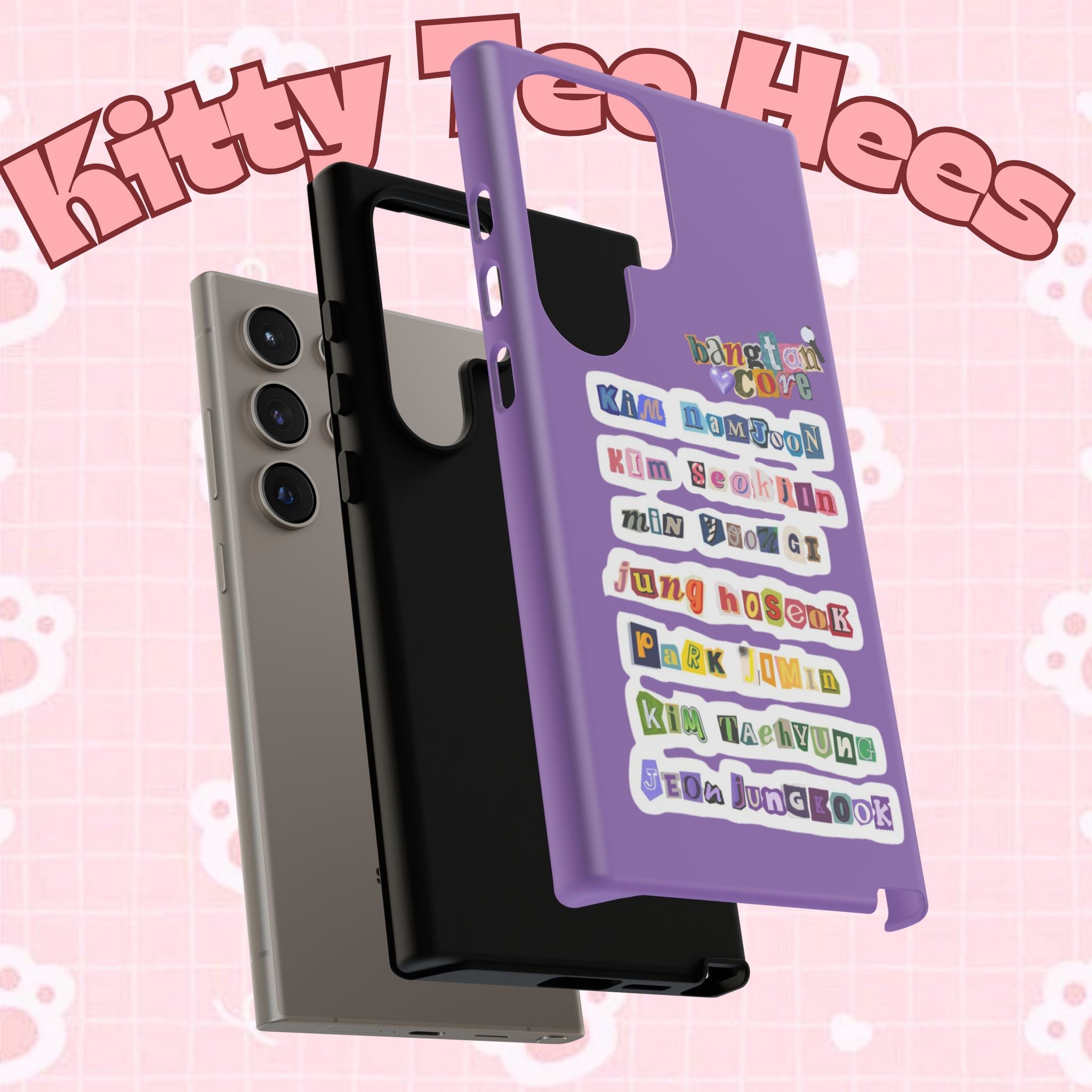 Printify BTS member names phone case with Jungkook, Jimin, and Rap Monster design for iPhone 17, tough protective cover.