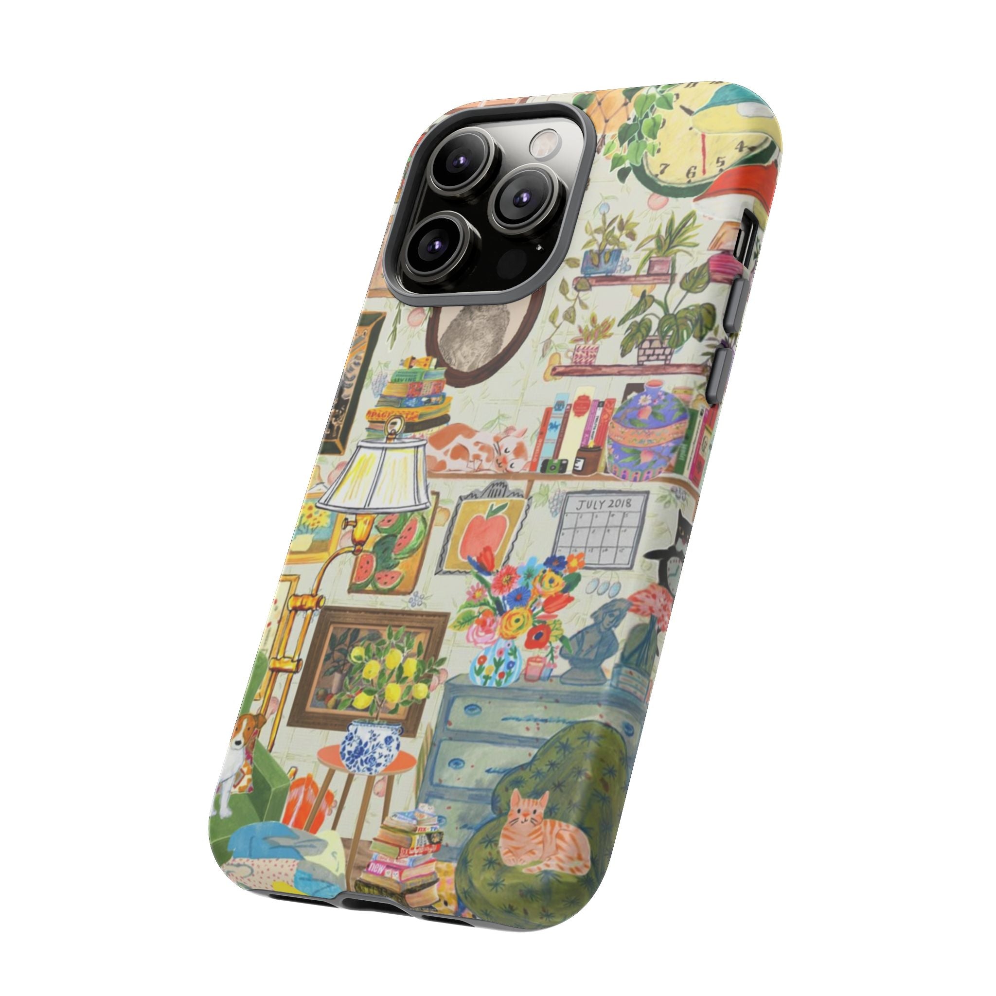 Printify cute cat framed iPhone 17 case with stylish pet portrait design, cozy living room scene, and protective phone cover.