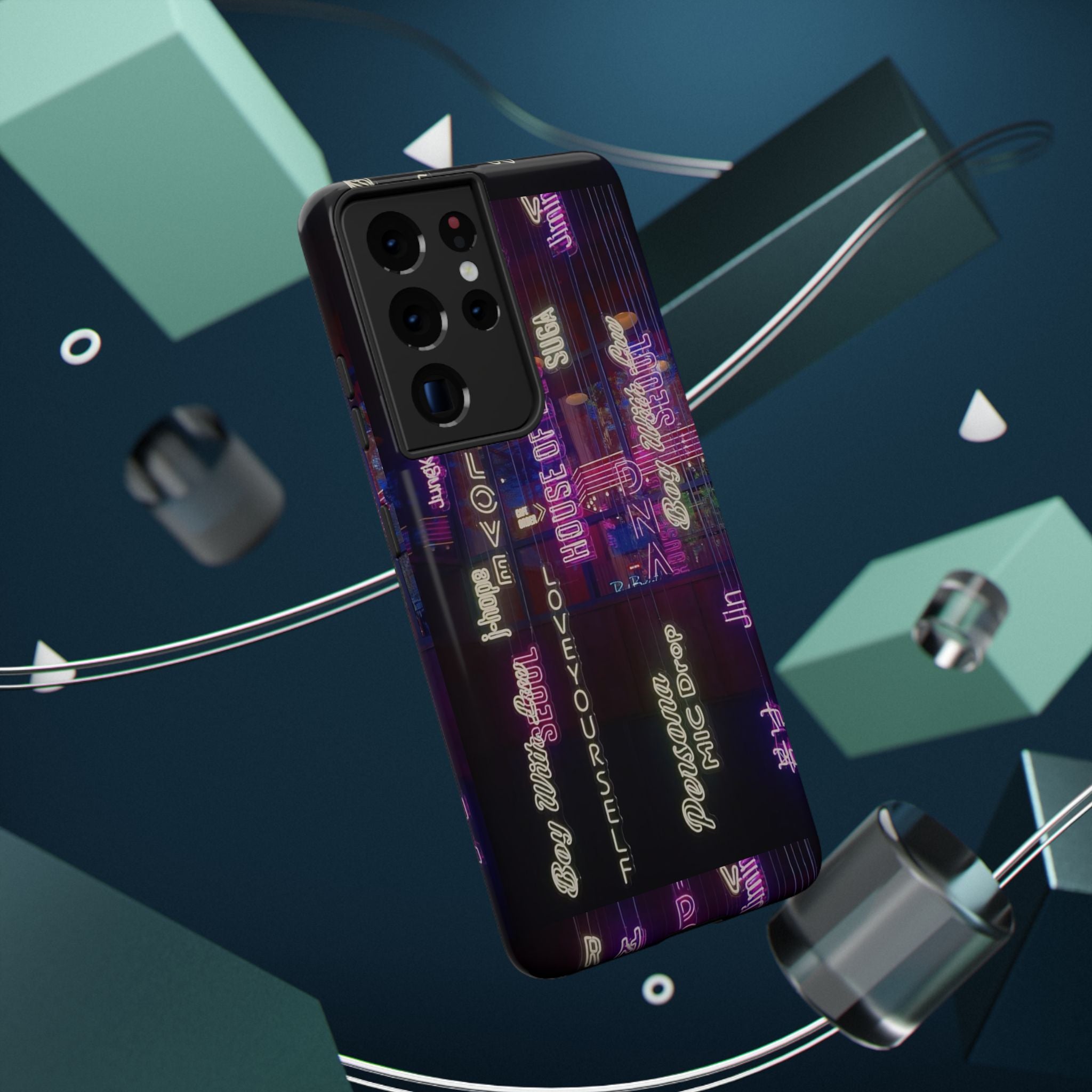 Impact-resistant BTS phone case with neon Korean script for iPhone and Samsung, featuring Bangtan Sonyeondan branding.