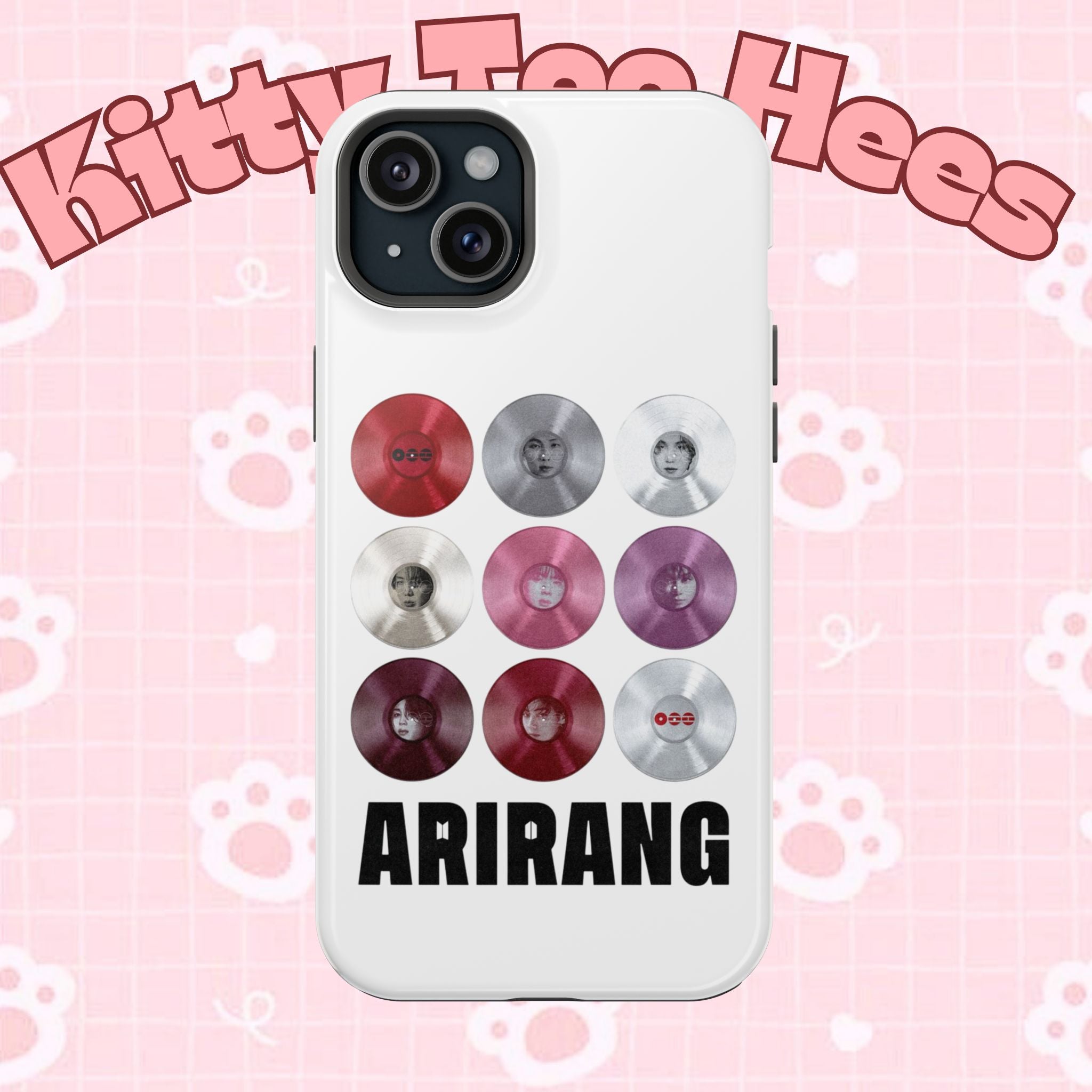 Printify BTS Arirang vinyl record grid phone case featuring cool BTS fan merch design and impact-resistant construction.