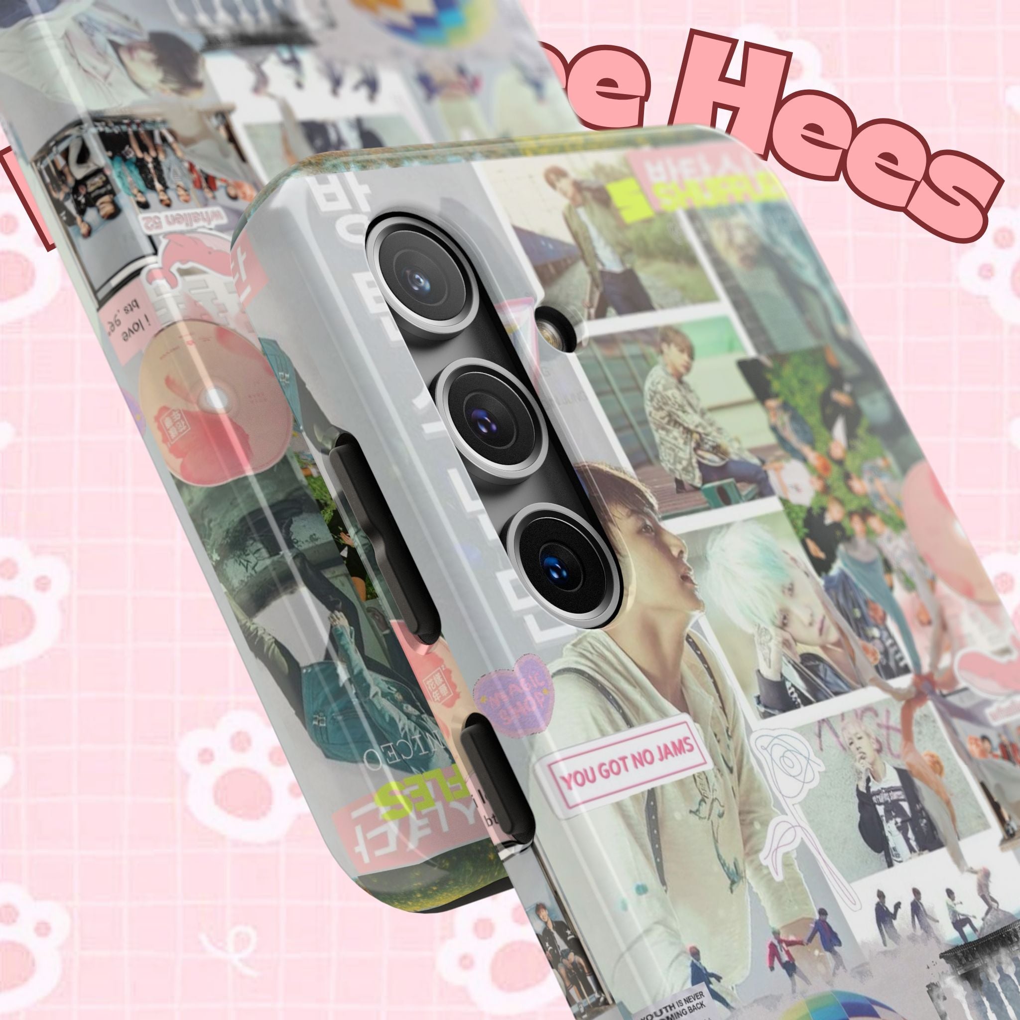 K-pop BTS collage phone case for iPhone and Samsung with pastel hot air balloon design, featuring colorful K-pop photo collage artwork