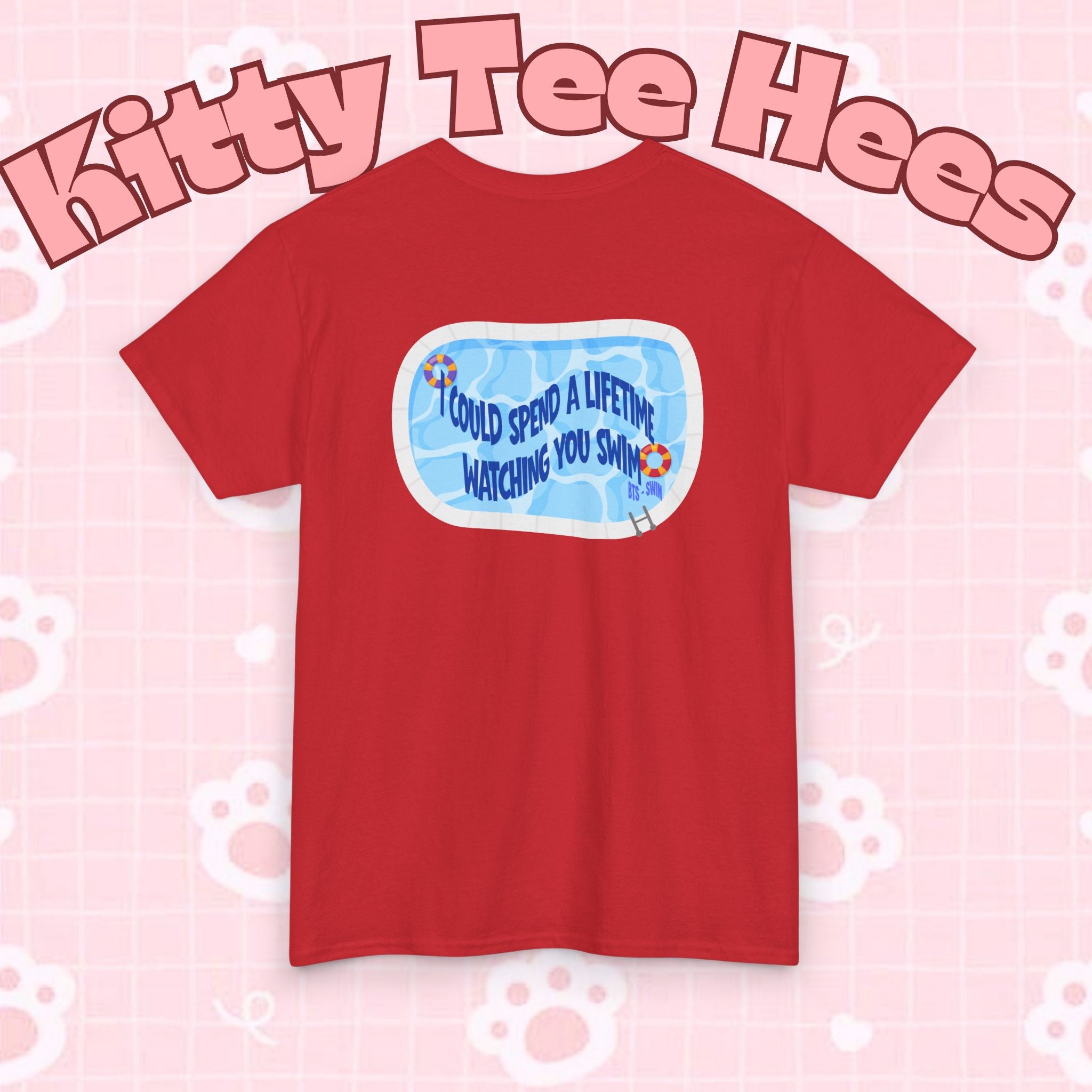 Printify BTS swim graphic T-shirt featuring a pool design and "I could spend a lifetime watching you swim" print, inspired by Bangtan.