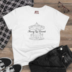 Printify BTS Merry Go Round Arirang 2026 album T-shirt with carousel sketch and lyric script back print, casual and stylish.