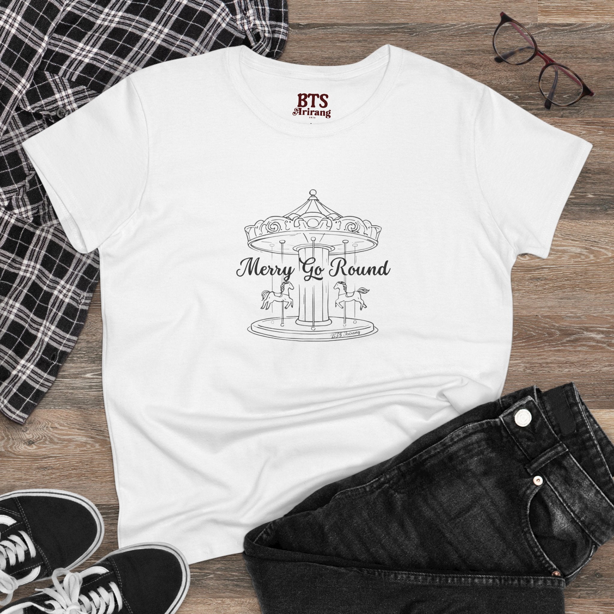 Printify BTS Merry Go Round Arirang 2026 album T-shirt with carousel sketch and lyric script back print, casual and stylish.
