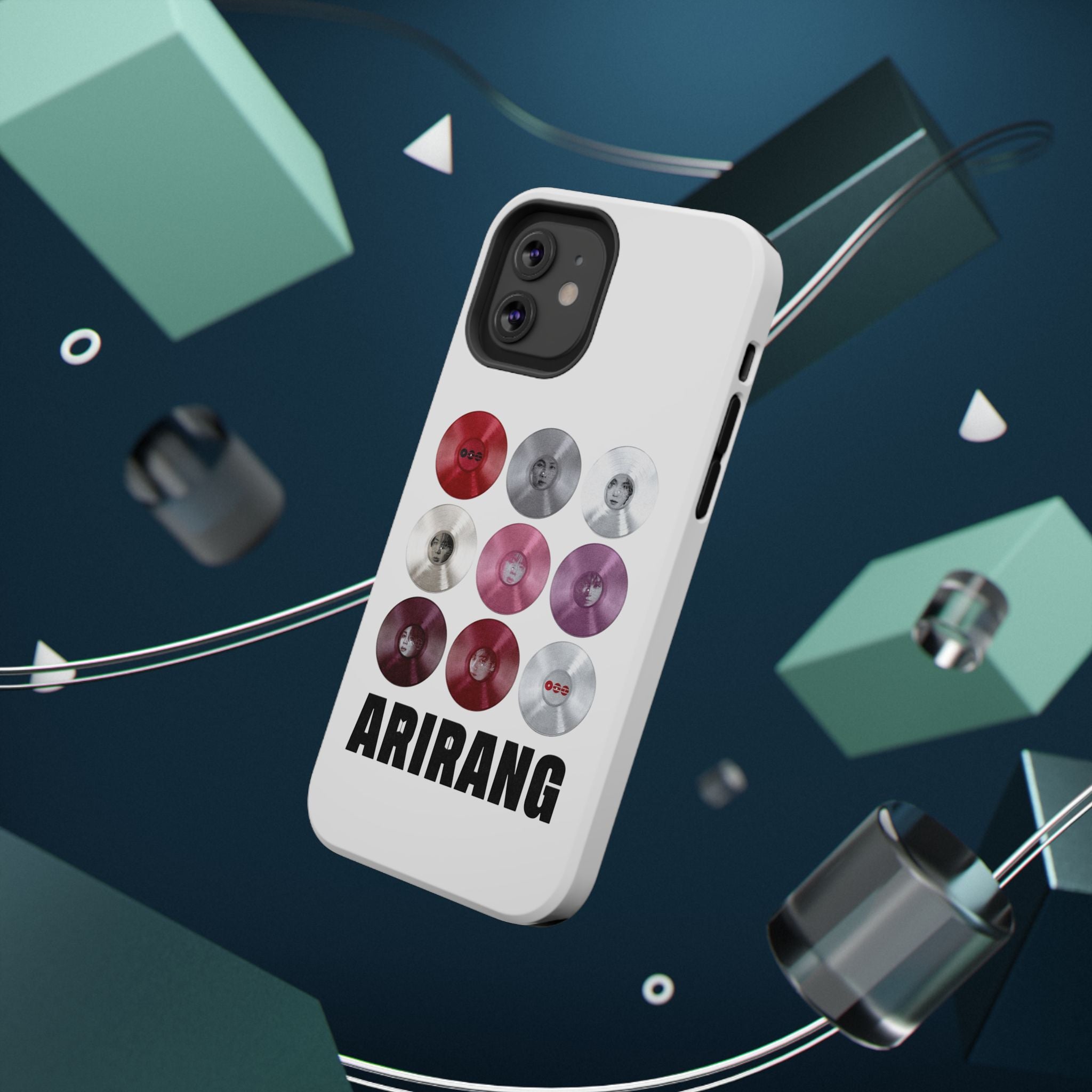 Printify BTS Arirang vinyl record phone case featuring a grid design, impact-resistant material, and fan merchandise style.