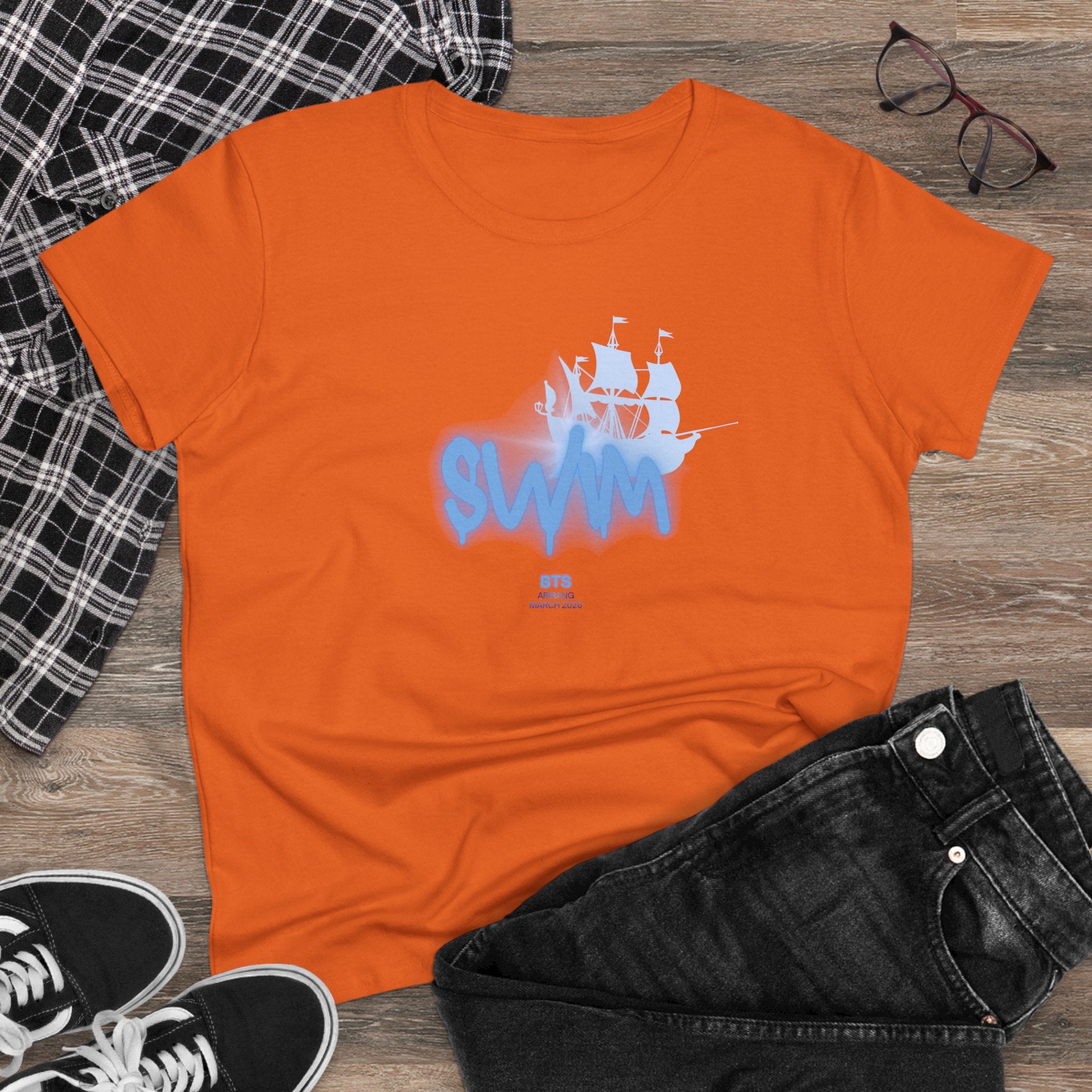 Women's BTS Sailboat Script Logo T-shirt featuring Bangtan World Tour design, made of cotton, by Printify.
