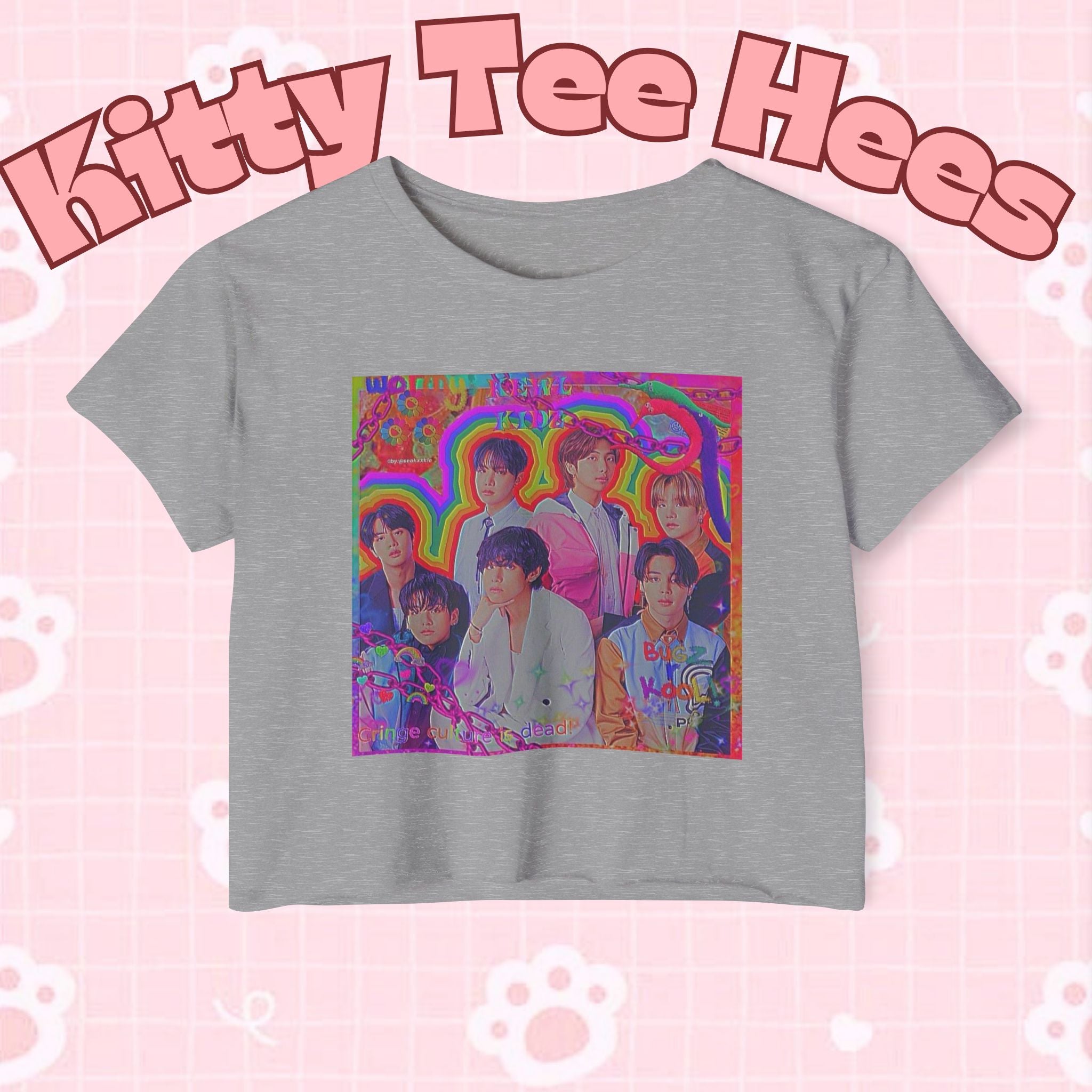 Colorful BTS kidcore T-shirt featuring a Bangtan Boys K-Pop group photo, women's festival crop top by Printify.