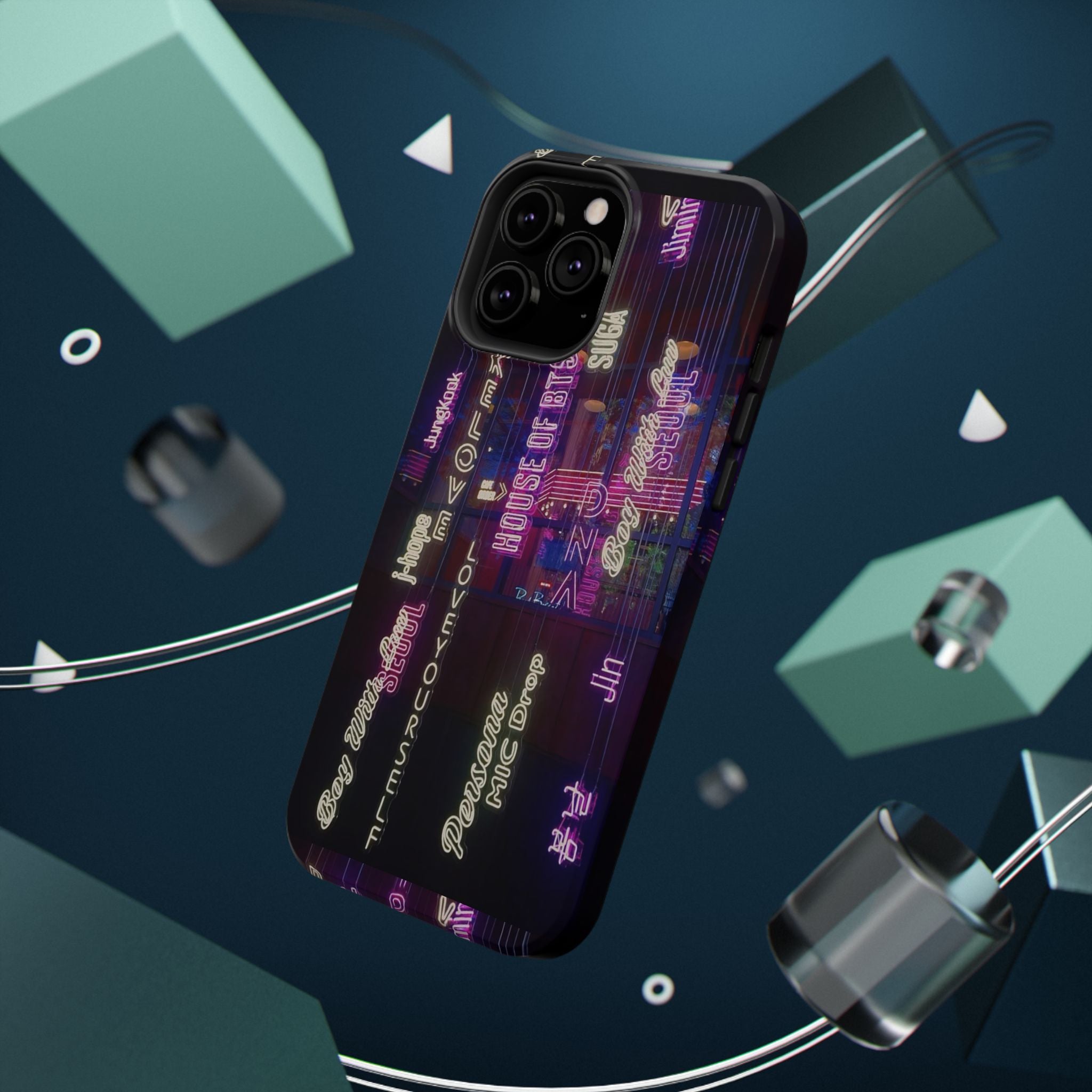 Neon Korean script BTS phone case for iPhone and Samsung, impact-resistant, featuring Bangtan Sonyeondan design.