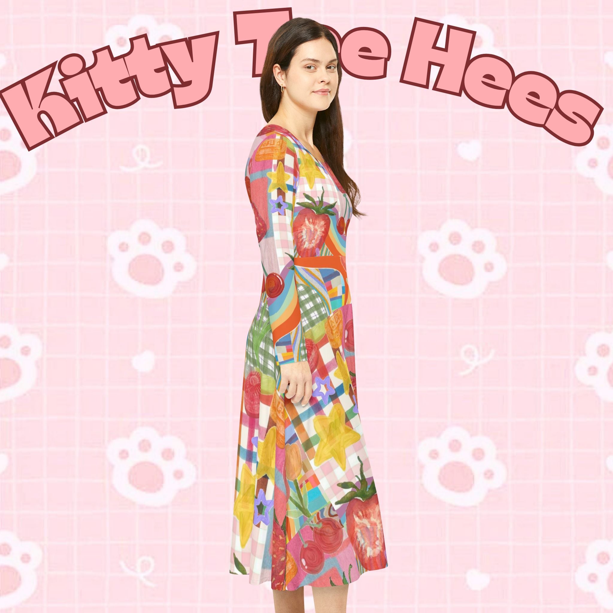Printify strawberry floral long sleeve dress with all-over print, perfect for spring and summer garden outings