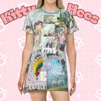 BTS-inspired K-Pop collage T-shirt dress with allover print, featuring vibrant images and graphics on a casual dress style.