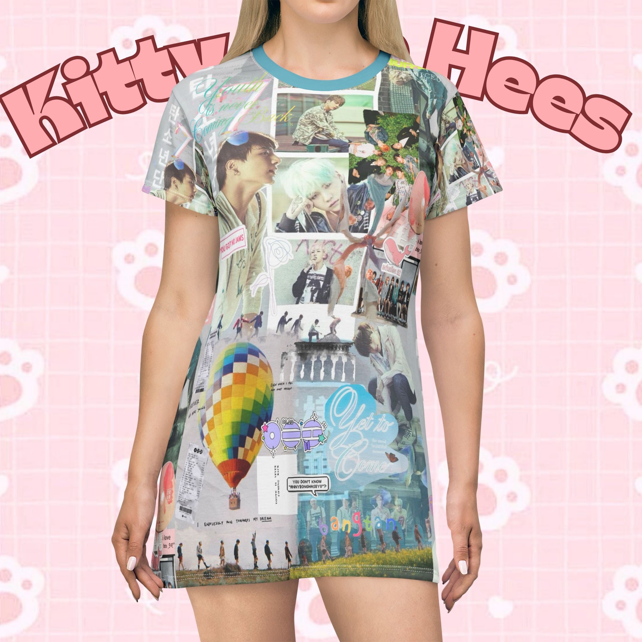 BTS-inspired K-Pop collage T-shirt dress with allover print, featuring vibrant images and graphics on a casual dress style.