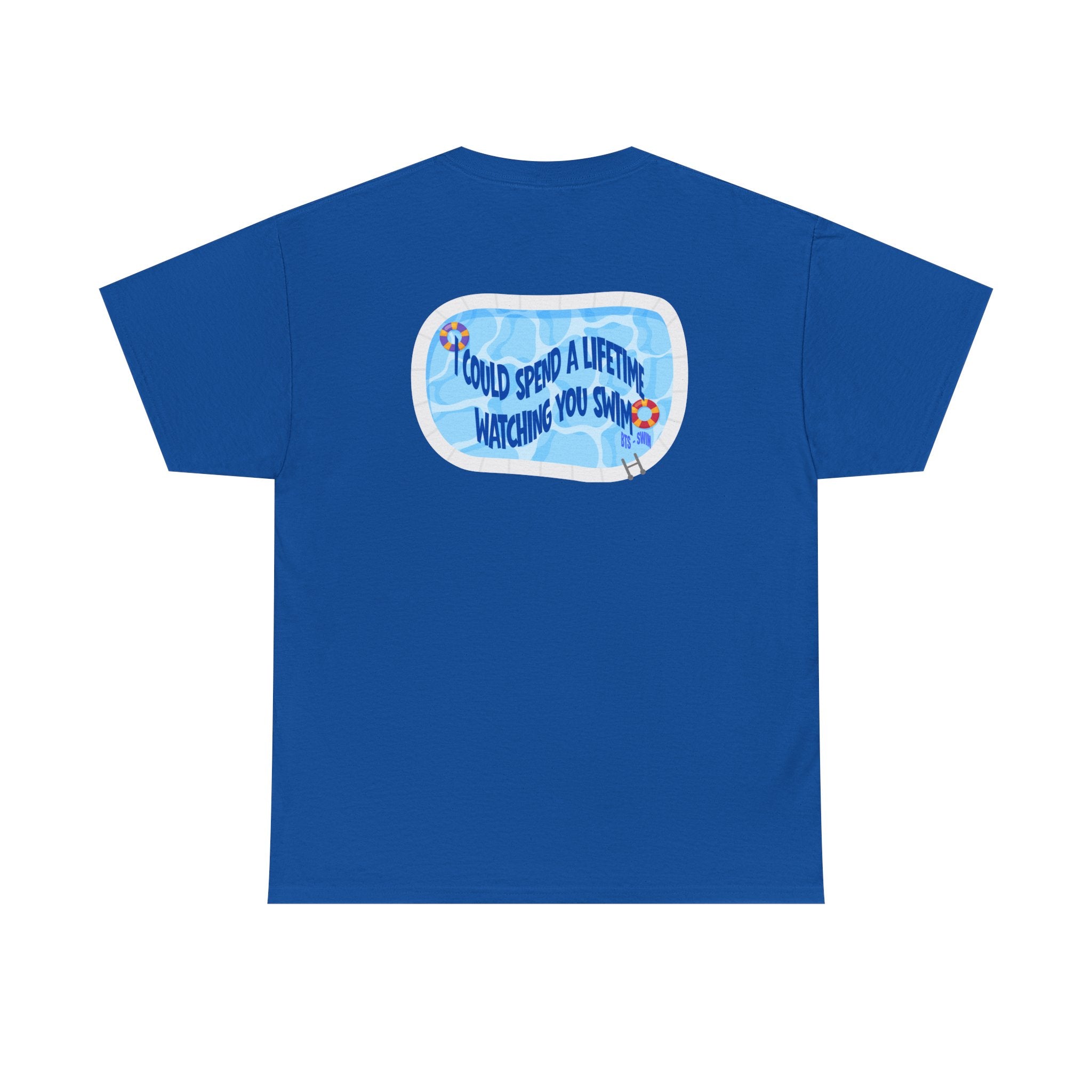 Arirang BTS swim graphic T-shirt featuring a pool scene and Bangtan design, casual BTS concert tee by Printify.