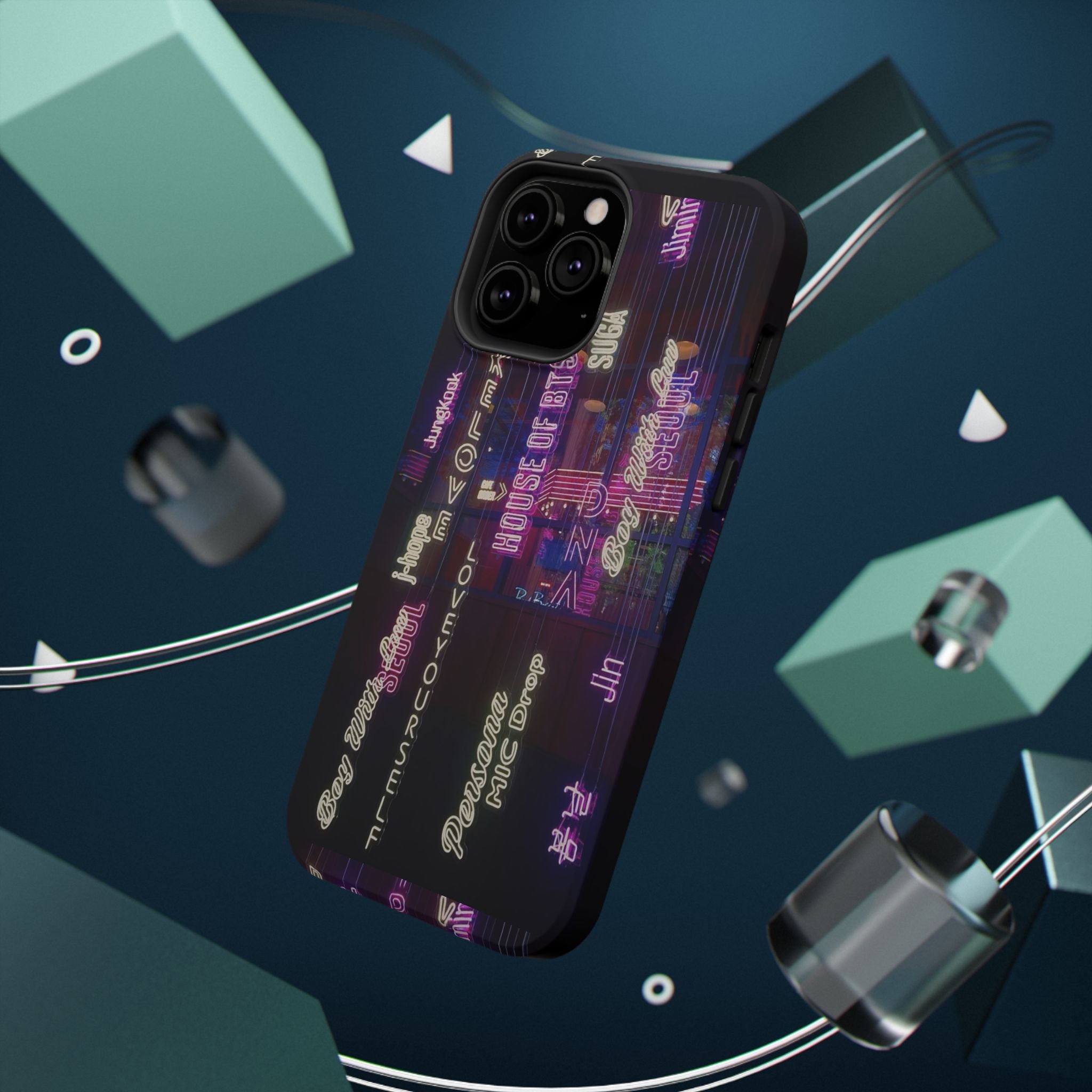 Neon Korean script BTS phone case for iPhone and Samsung, impact-resistant protective cover with Bangtan Sonyeondan branding.