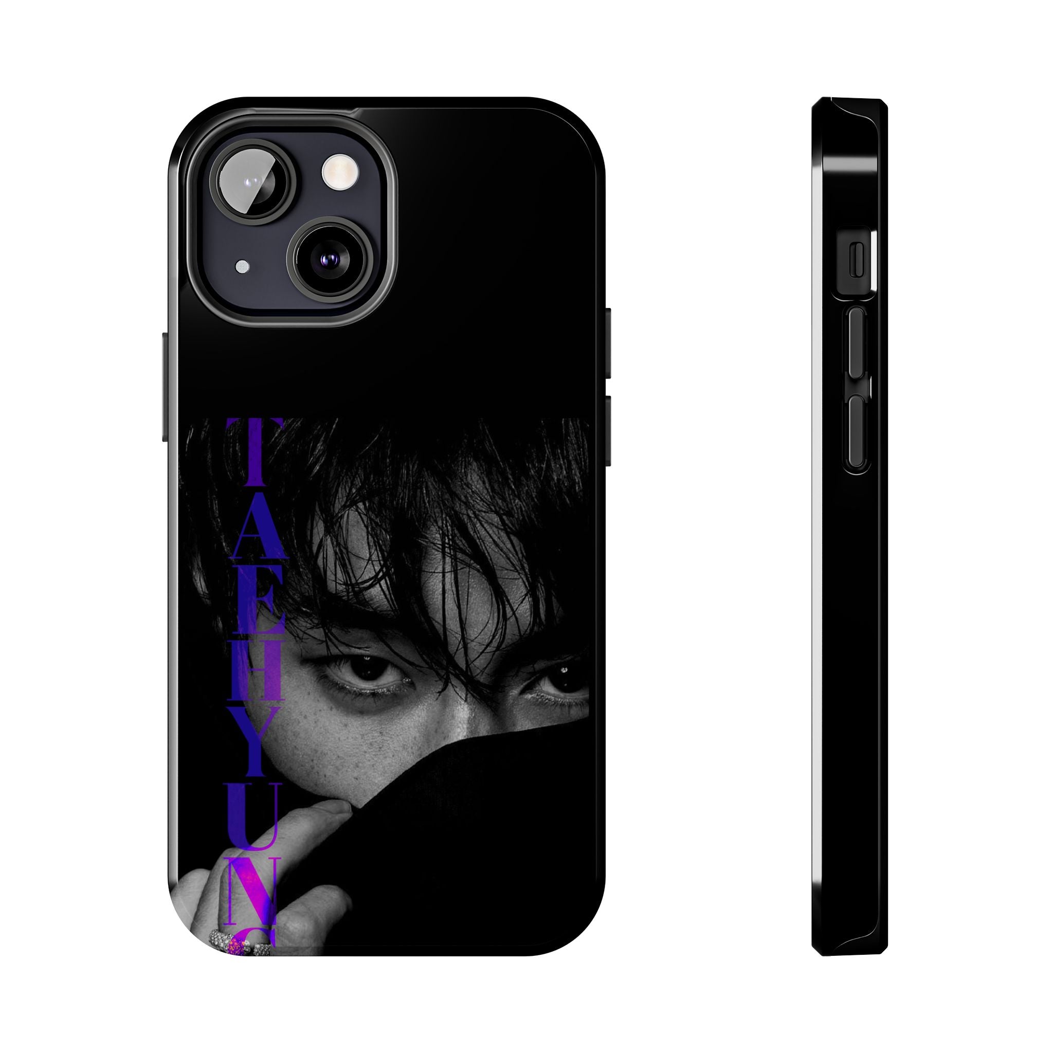 BTS Taehyung (V) phone case with dark Bangtan design for iPhone and Samsung, featuring a stylish Kim Taehyung graphic.