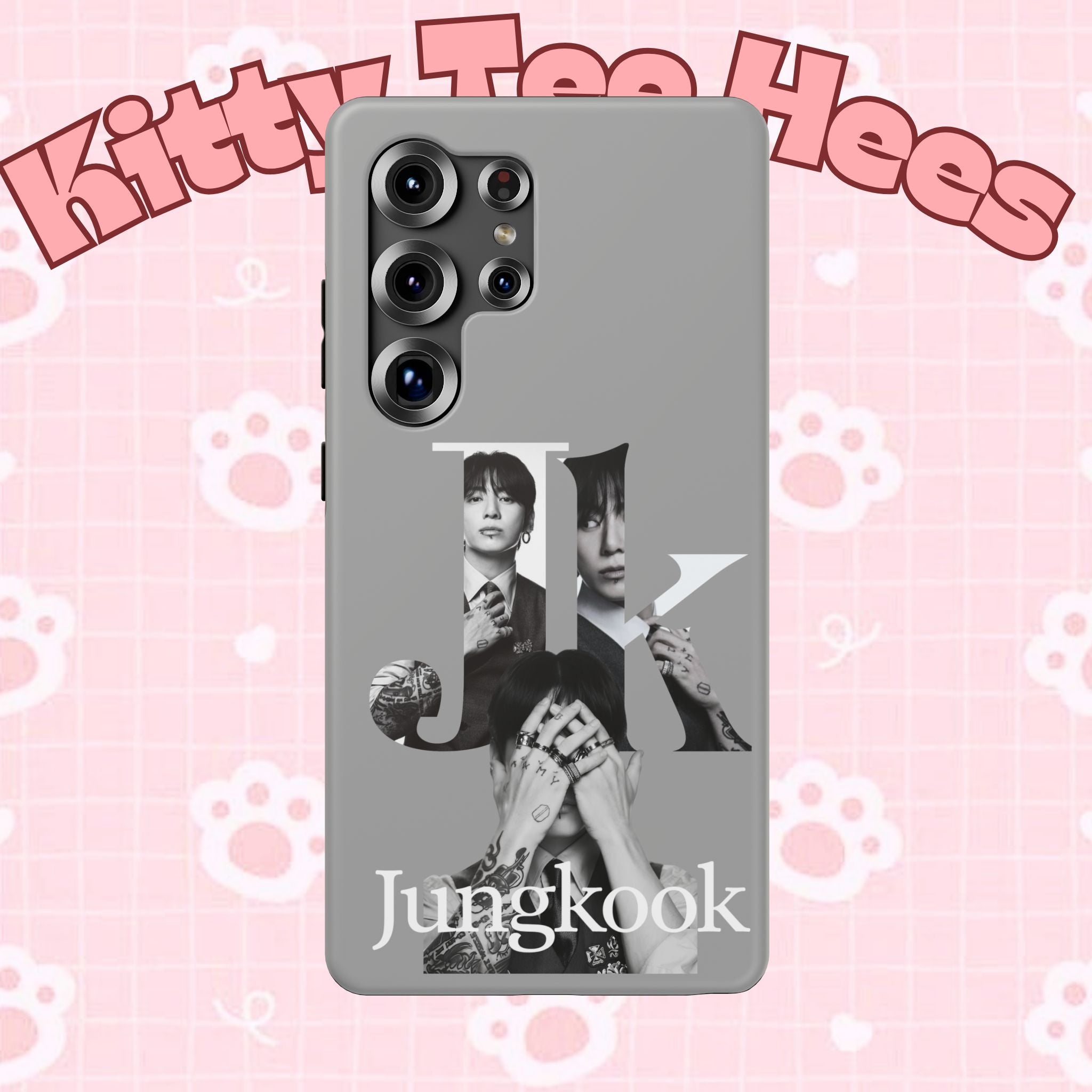 Monochrome BTS Jungkook phone case by Printify, impact-resistant design featuring letter motif and Jungkook's image.