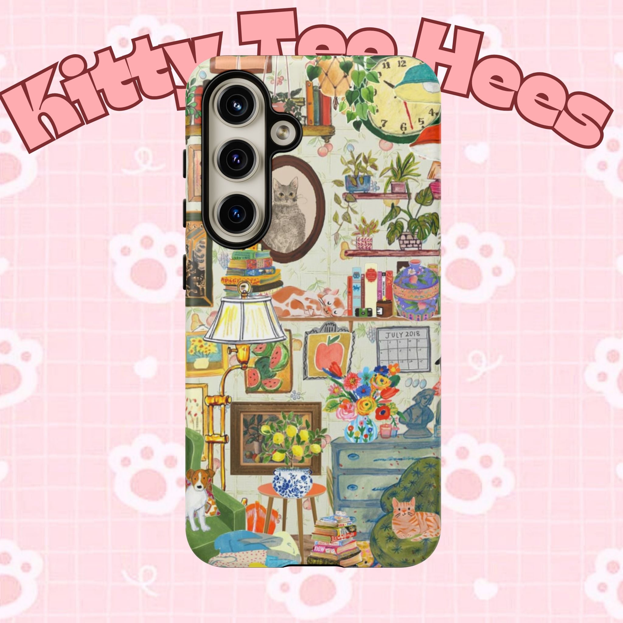 Cute cat portrait phone case for iPhone 17, stylish framed design by Printify featuring cozy living room pet artwork.