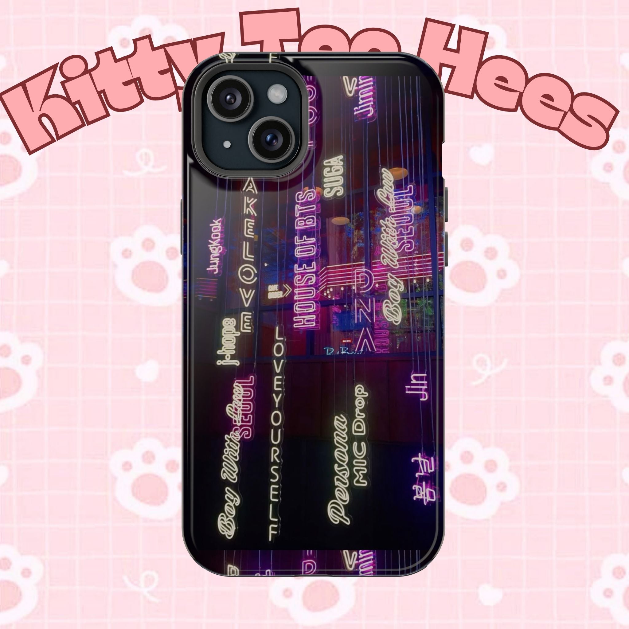 Neon Korean Script BTS phone case for iPhone and Samsung, impact-resistant design with Bangtan Sonyeondan branding.