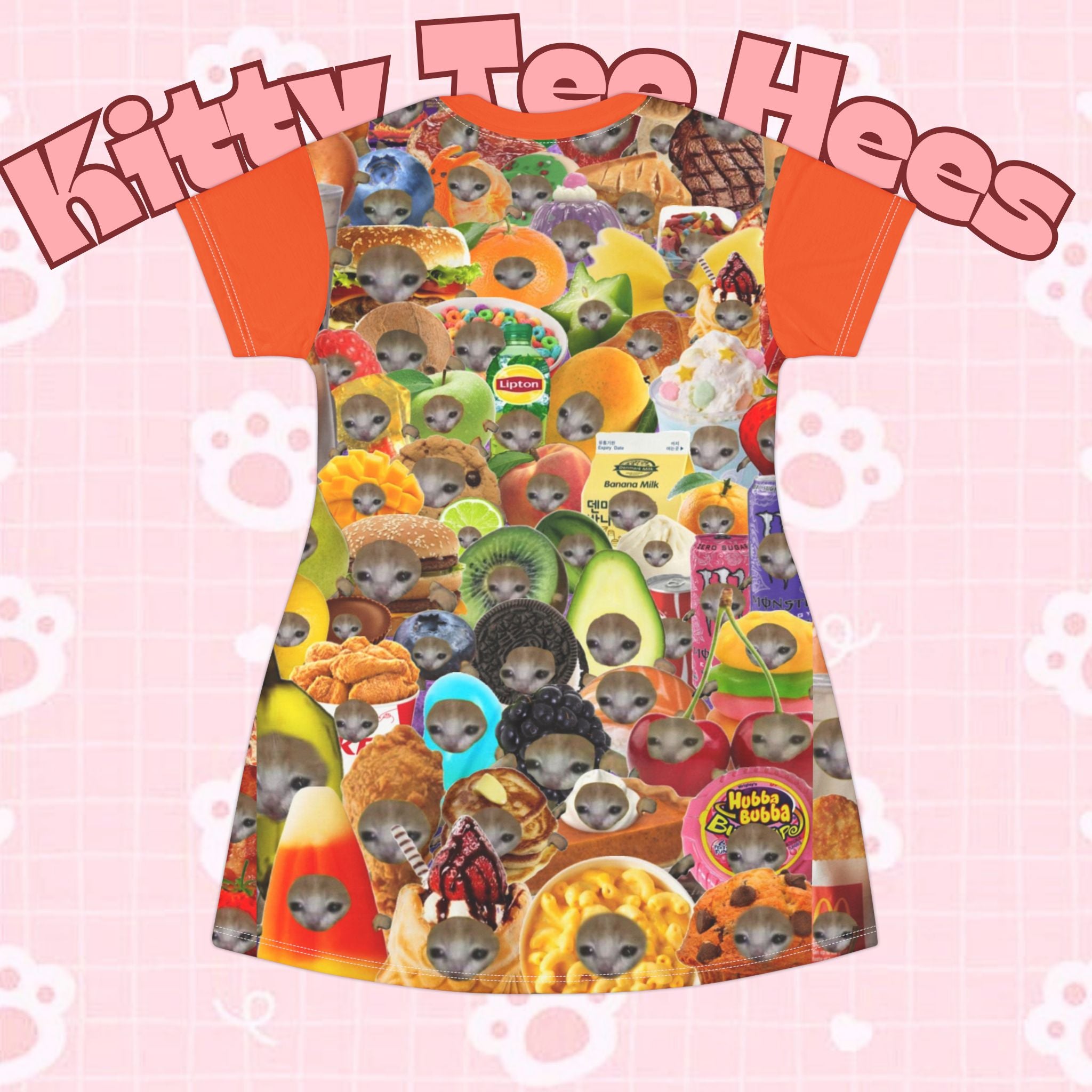 All-over print Fun Cat Food T-Shirt Dress featuring meme cat collage, casual wear for animal lovers, by Printify