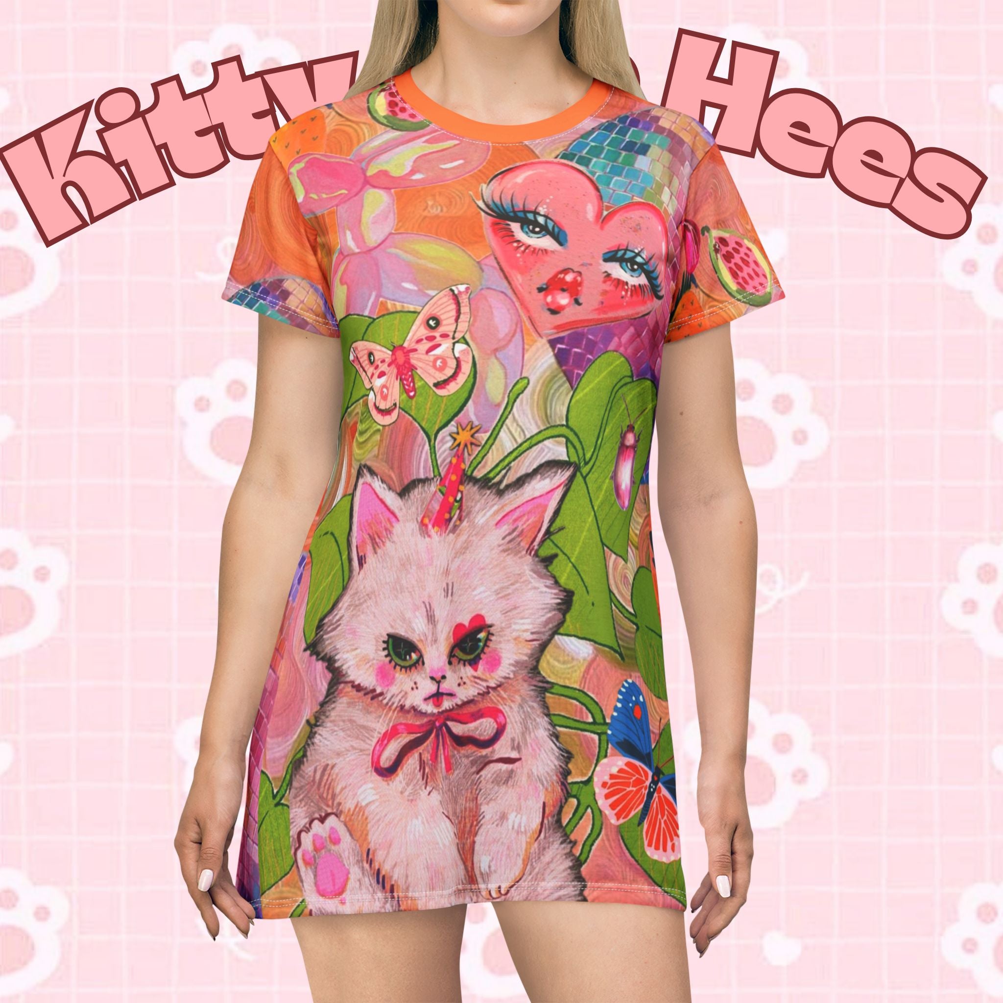 All-over print clown cat T-shirt dress featuring whimsical, colorful clown and kitty designs, perfect for summer and cat lovers.