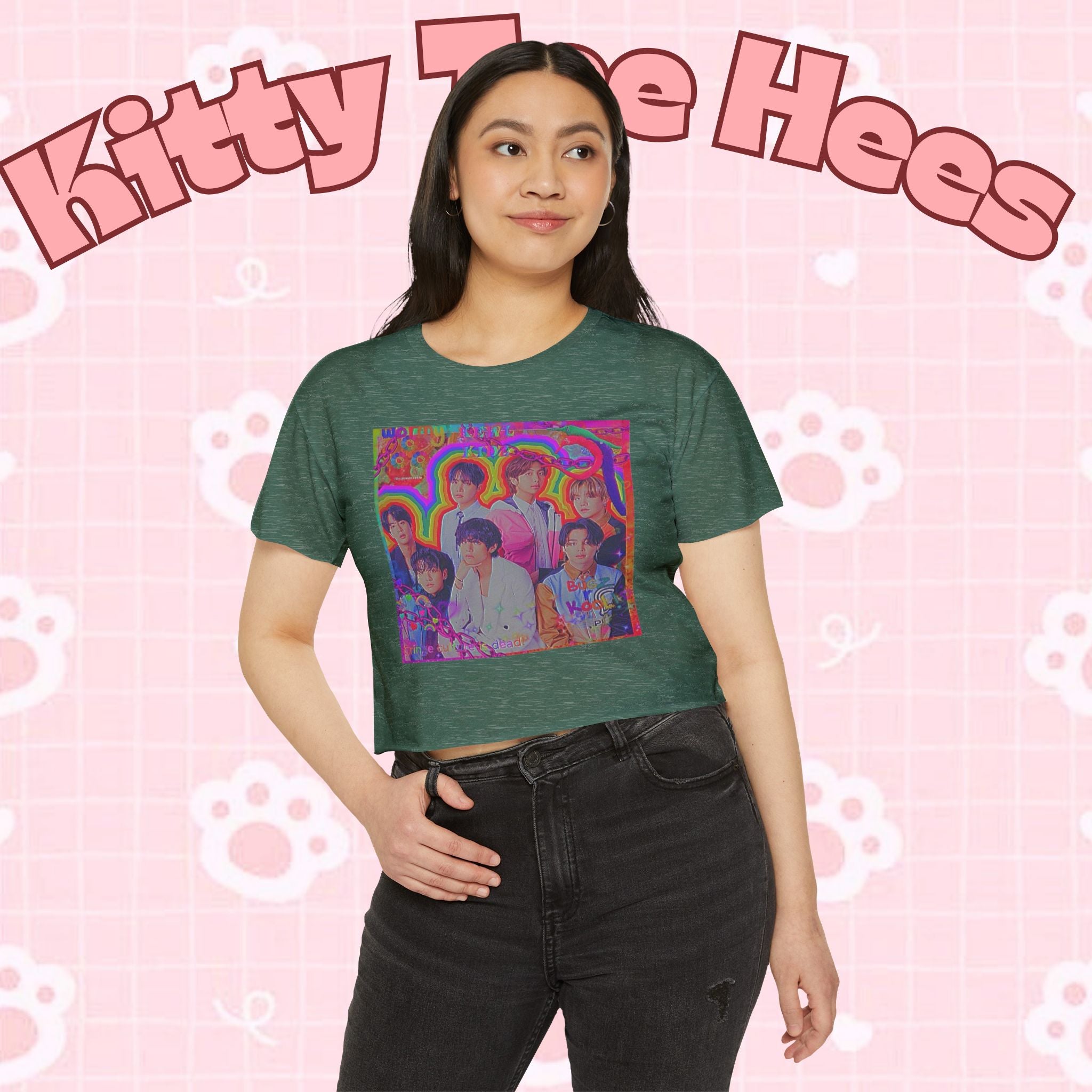 Colorful BTS kidcore T-shirt featuring a Bangtan Boys K-Pop group photo, women's festival crop top by Printify.