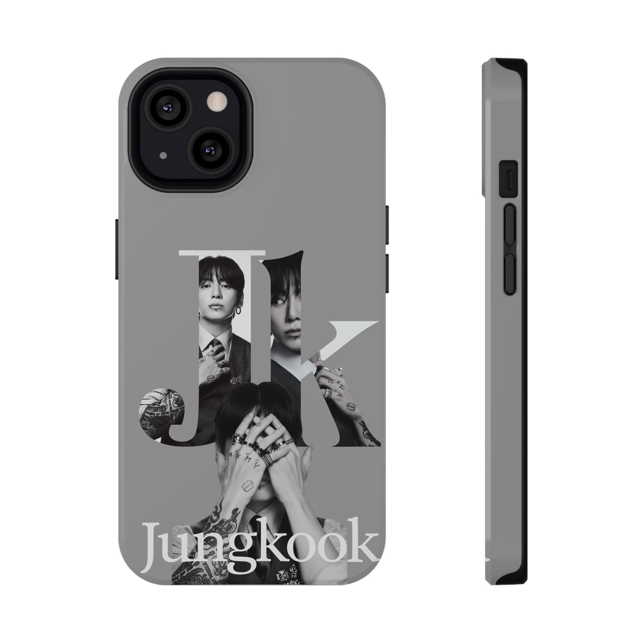 Monochrome BTS Jungkook phone case with bold letter design, impact-resistant, branded by Printify for Samsung or iPhone models.