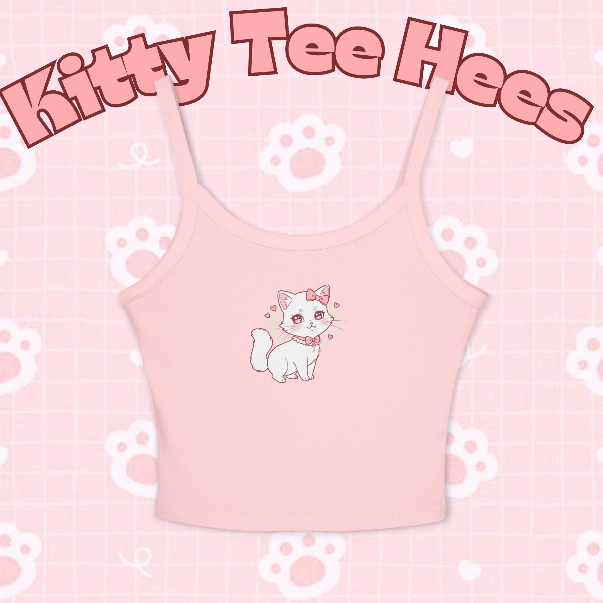 Pink coquette kitty tank top for women, sleeveless summer camisole with spaghetti straps, casual cat lover gift shirt.