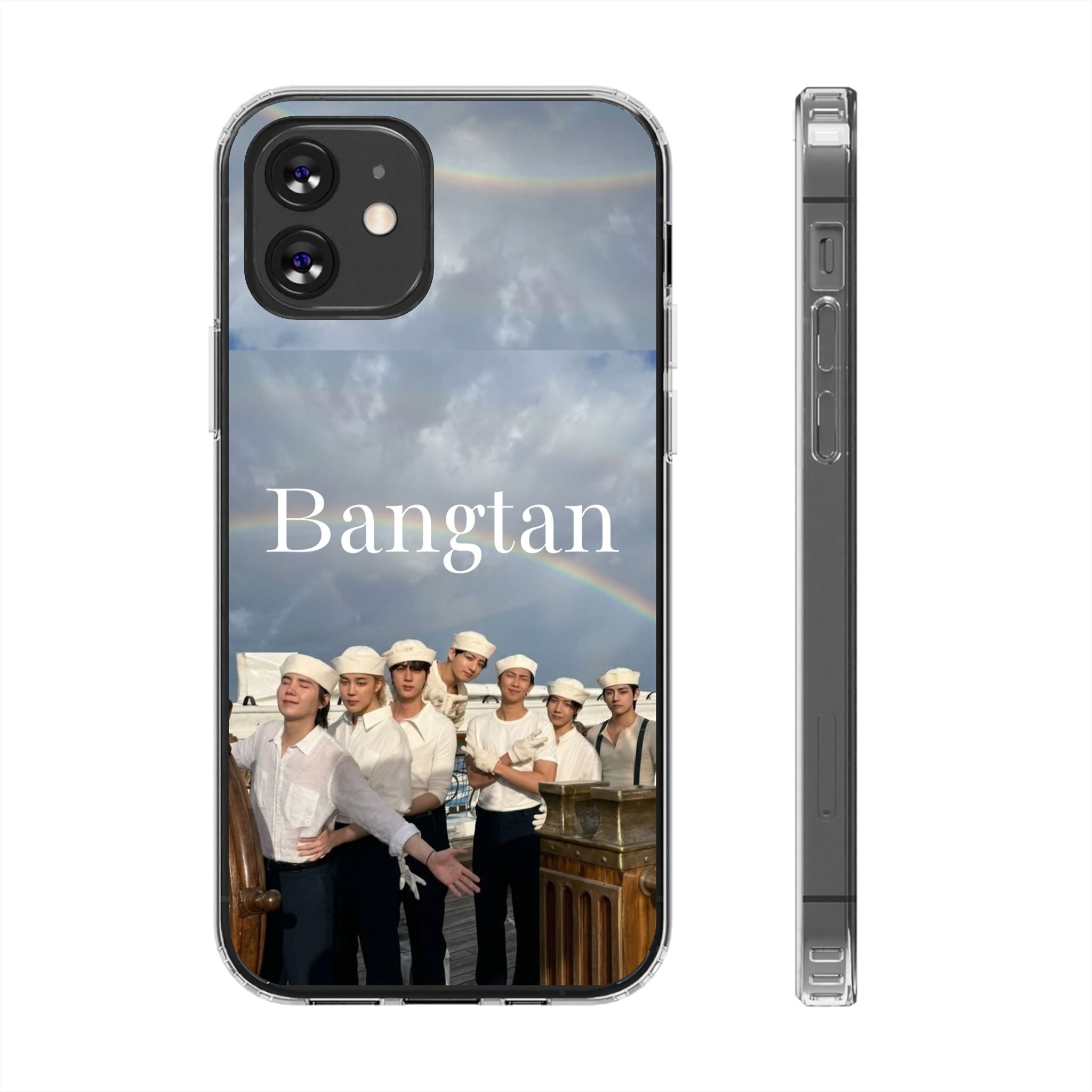 Clear impact-resistant phone case featuring cute Bangtan K-pop design, designed for smartphones by Printify.