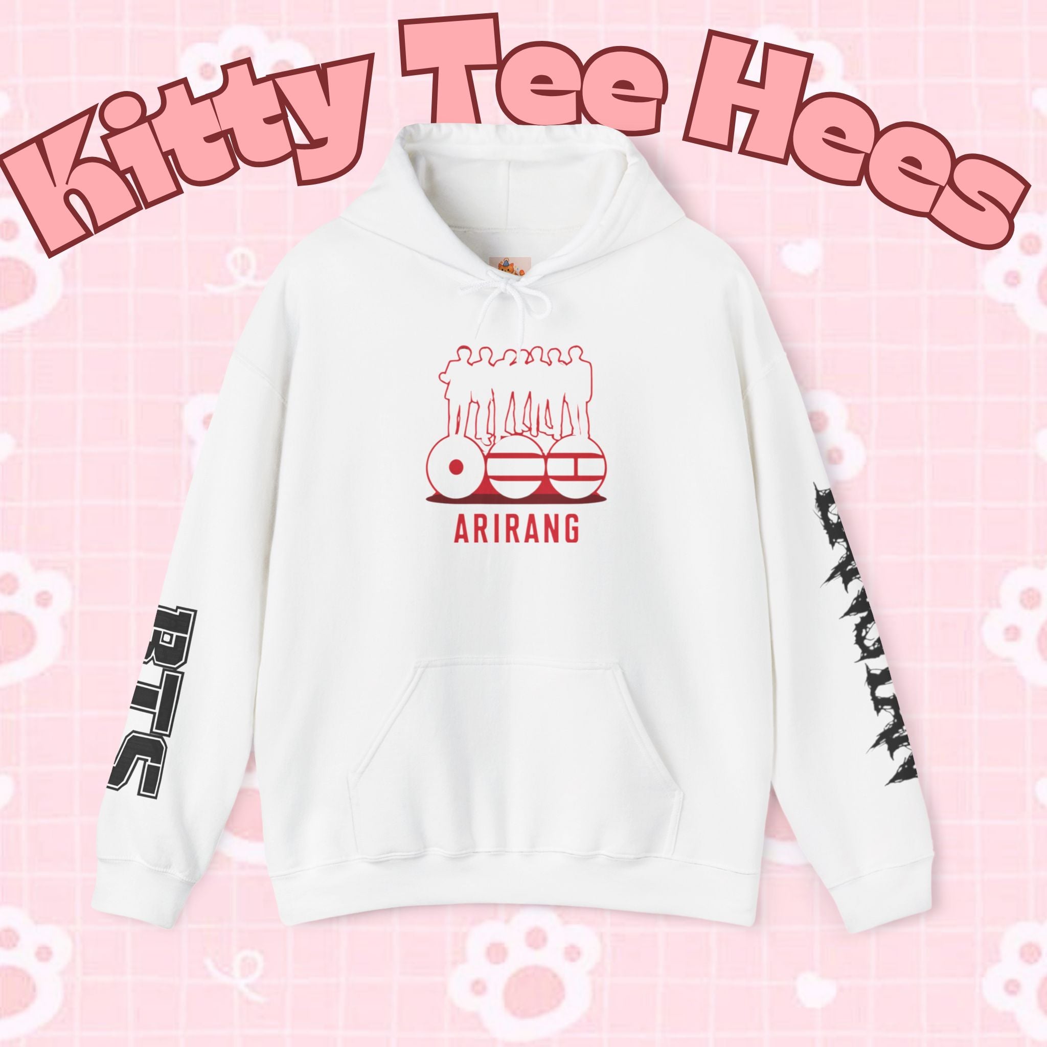 ARIRANG BTS world tour hoodie featuring Bangtan sleeve design, printed Printify graphic sweatshirt for fans of BTS.
