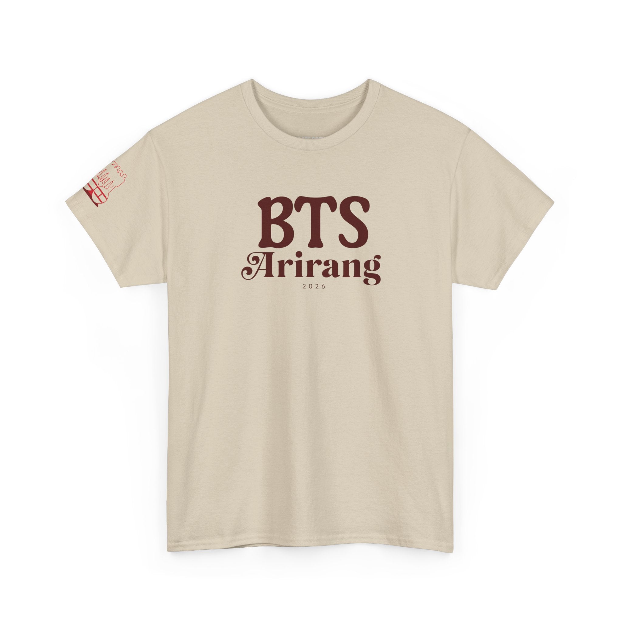 BTS Arirang T-Shirt by Printify featuring Korean Hangul text, casual fit, perfect for BTS world tour and concert fans.