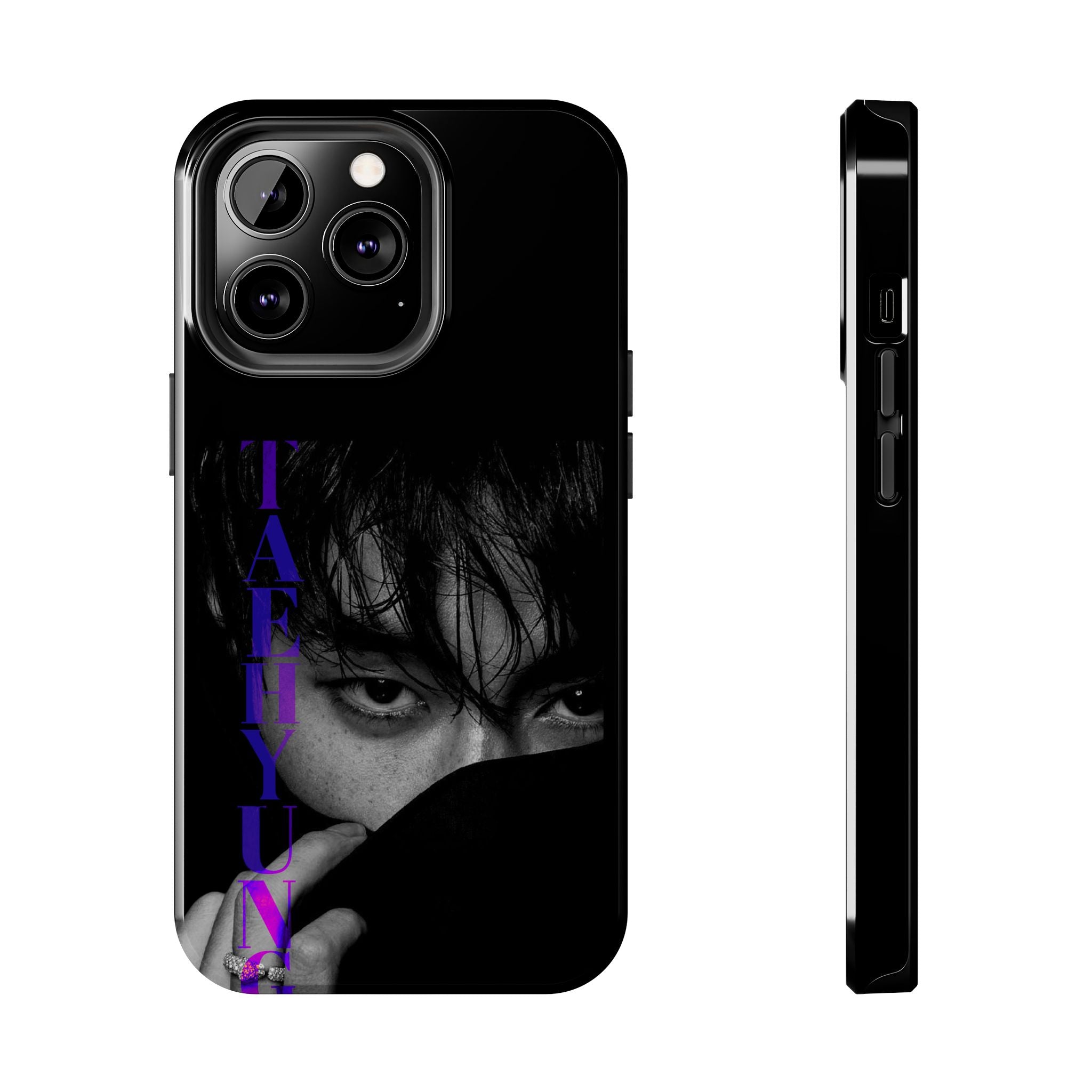 Dark BTS Taehyung (V) phone case with Bangtan design for iPhone and Samsung, featuring Kim Taehyung artwork.