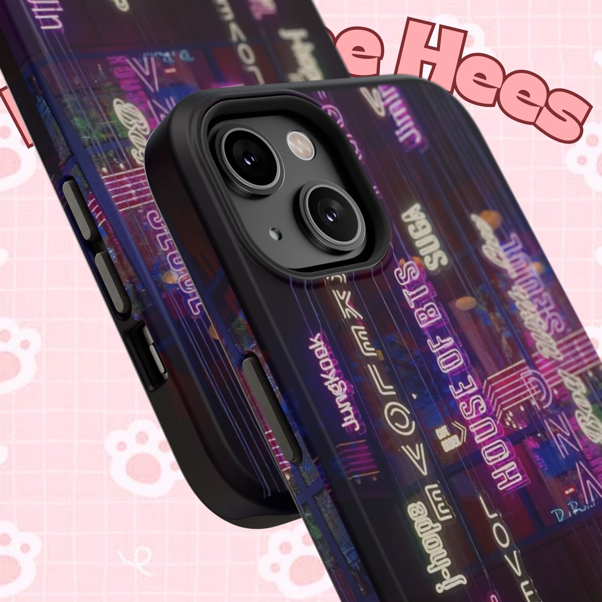 Neon Korean script BTS phone case for iPhone and Samsung, impact-resistant design with Bangtan Sonyeondan branding.