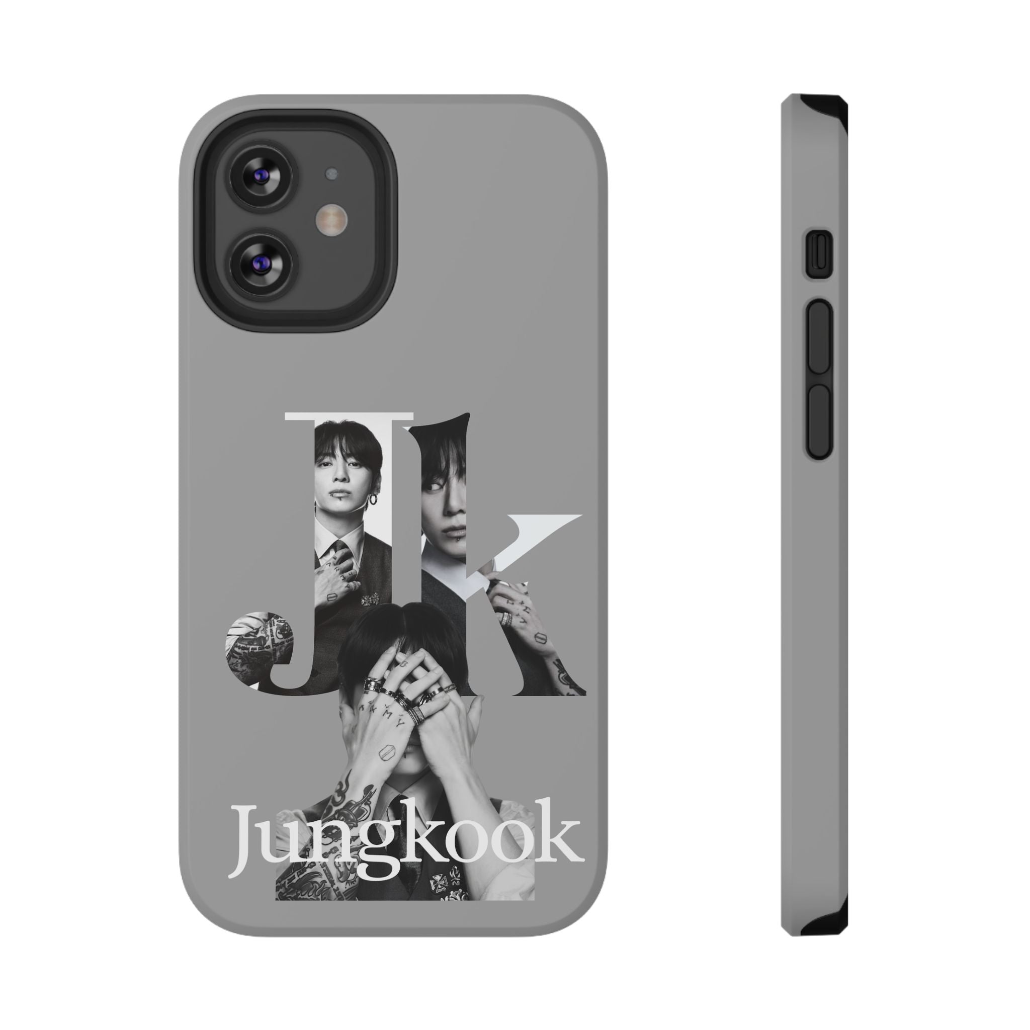 Monochrome BTS Jungkook phone case with letter design, impact-resistant Printify phone cover for BTS fans.