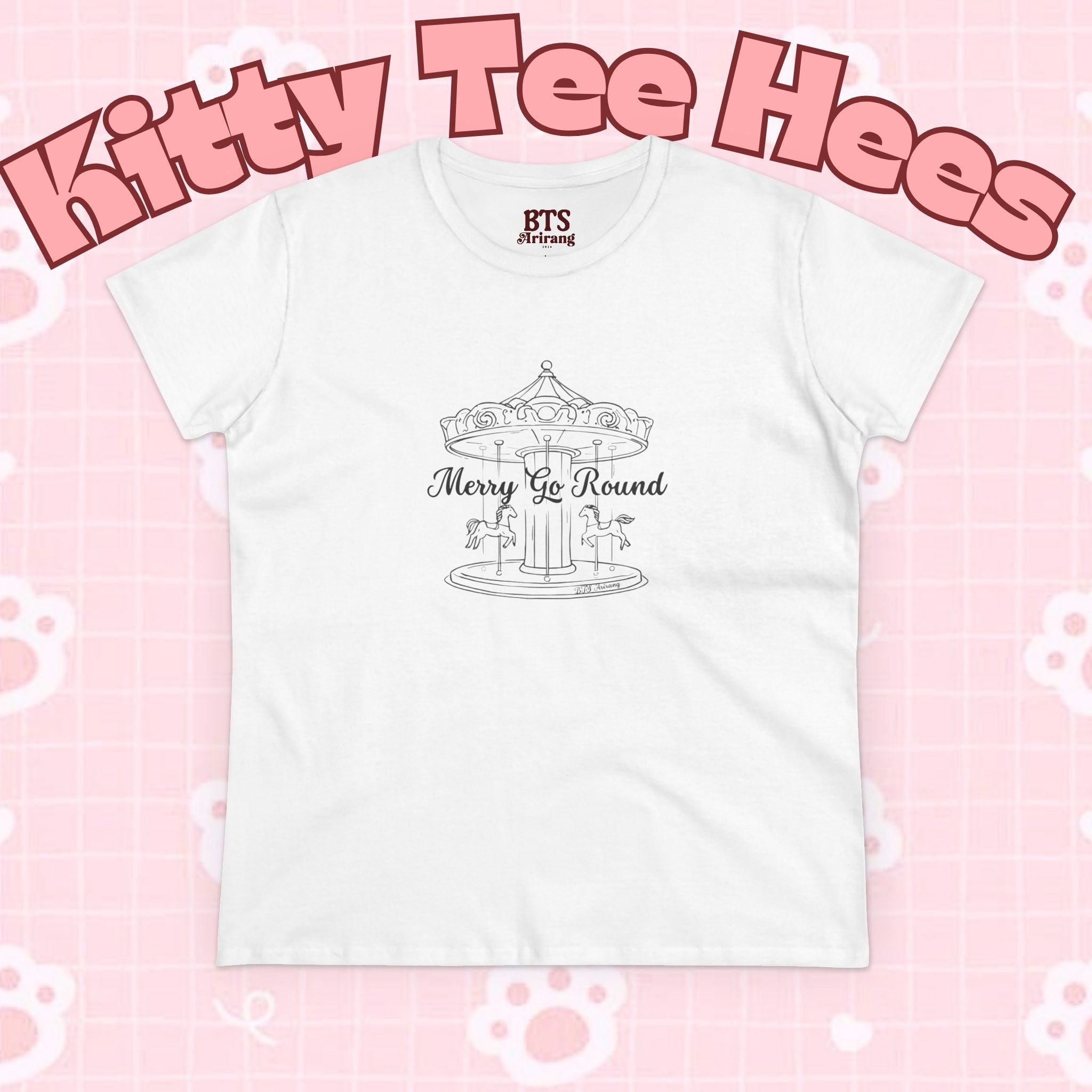 Printify Merry Go Round BTS Arirang 2026 album T-shirt with carousel sketch design and lyric script back print.